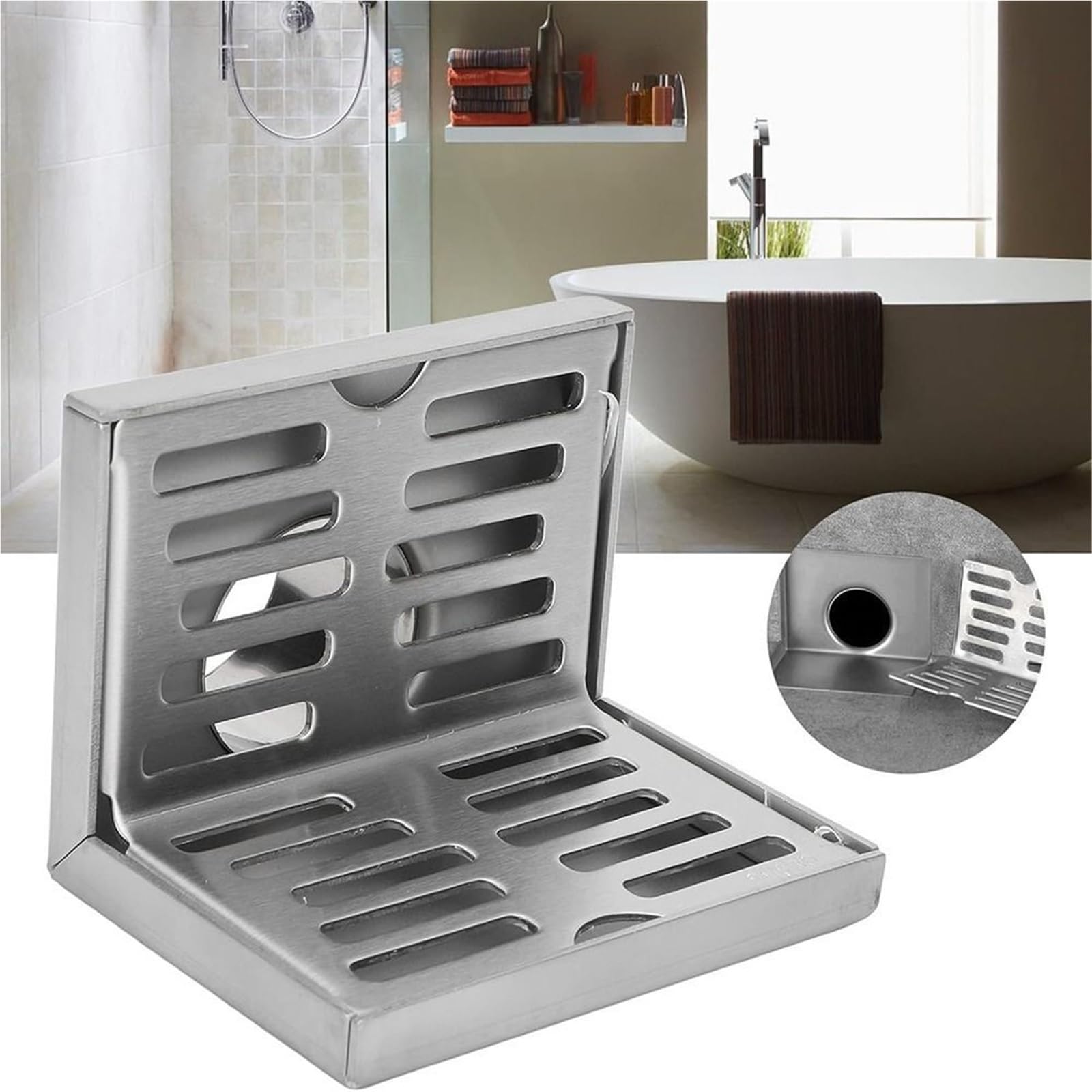 Cubierta de Acero Inoxidable Rectangular, Cubierta de Drenaje for Suelo de Esquina, Drenaje Lateral en Forma de L, 10cm, Desgaste de Pared for Cuarto de Ducha con balcón de 50 tuberías