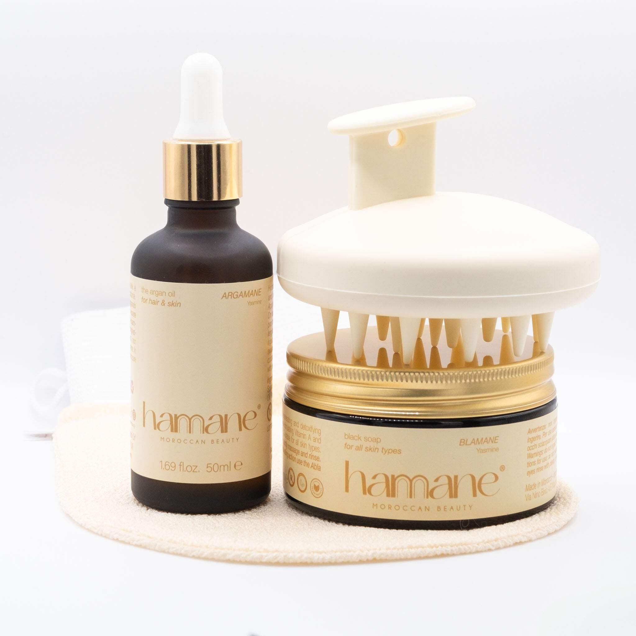 Beauty, Kit Hammam Total Body con Sapone Nero Marocchino (100 g), Guanto Kessa Esfoliante Panna, Olio di Argan (50 ml) e Massaggiatore Cuoio Capelluto, Profumo Gelsomino