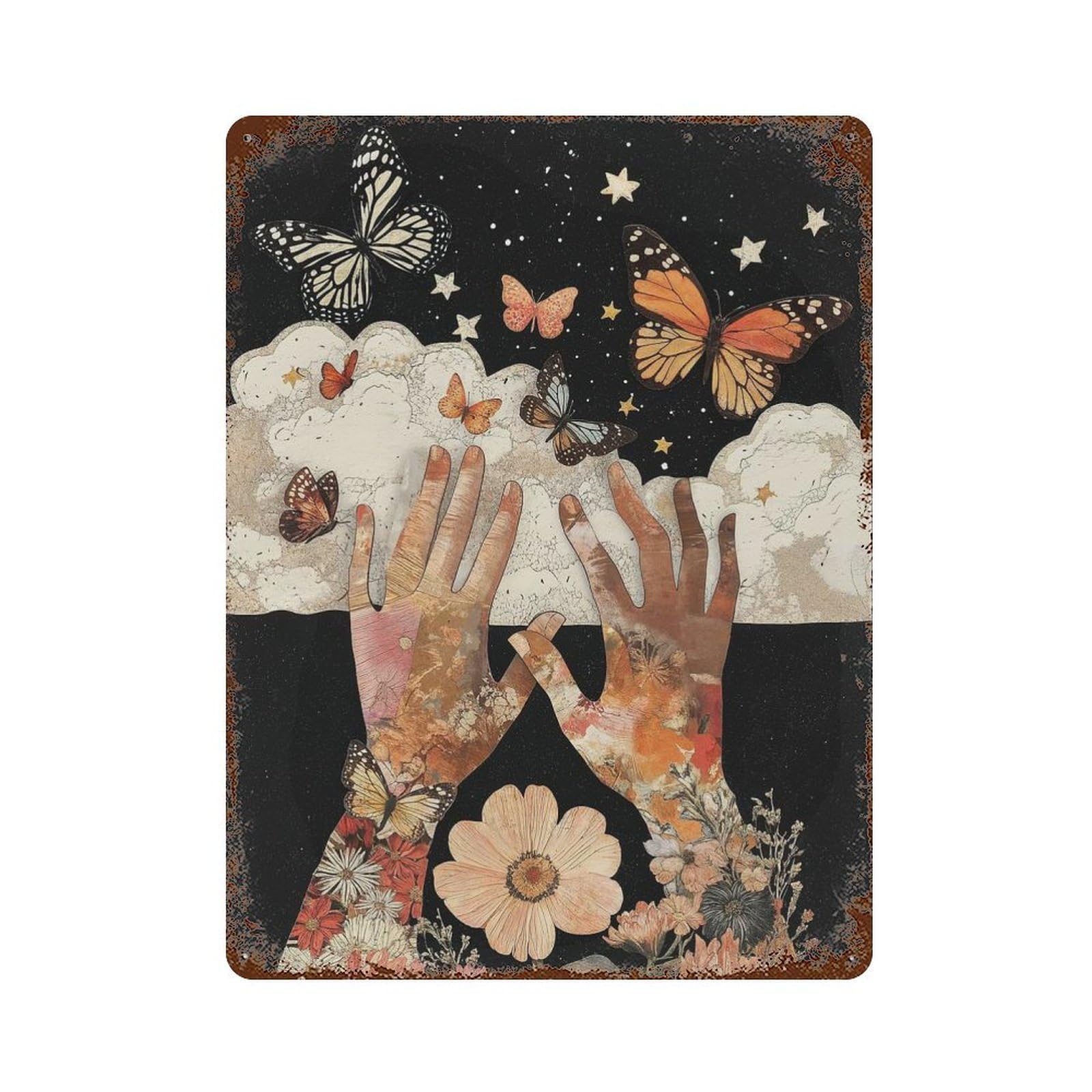 Butterflies And Hands 15.7"x11.8" Retro Metal Sign, Vintage Wall Decor for Office, Studio And Wall Decor