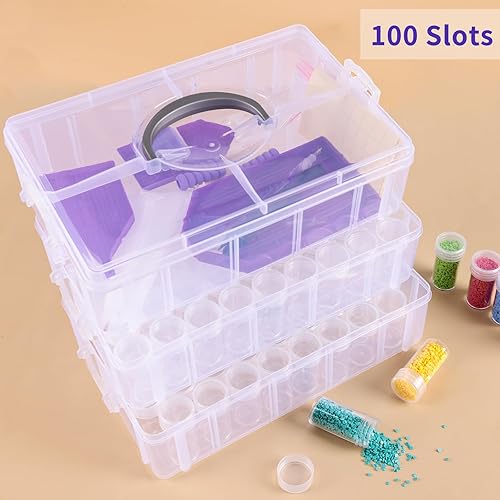 Miniatura 4 de QUEFE Contenedor de almacenamiento de pintura de diamante de 3 niveles, 100 ranuras, organizador de cuentas apilable transparente con accesorios de
