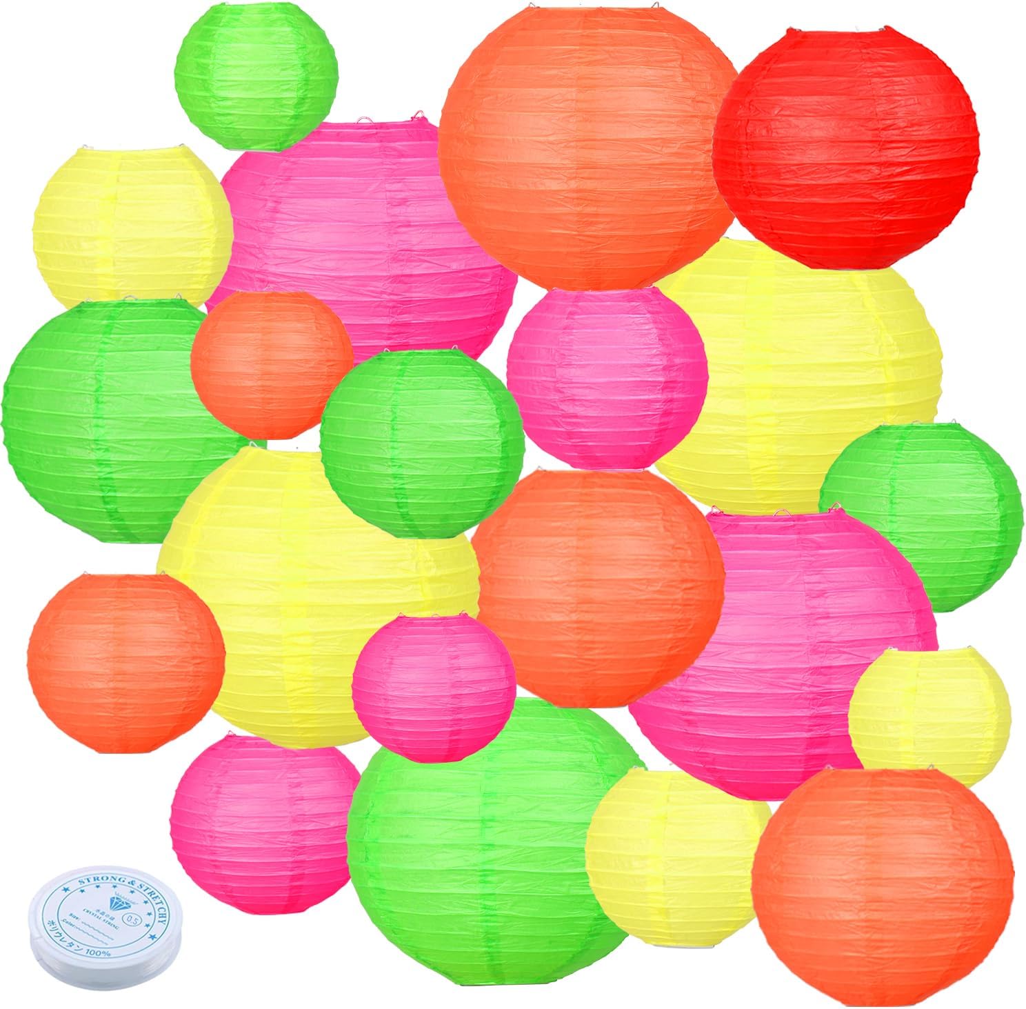 21pcs Colorful Hanging Paper Lanterns, Neon Party Decorations - Round Paper Lanterns, for Neon Themed Birthday, Baby Showers, Weddings, Engagement Parties, and Other Party Decorations.