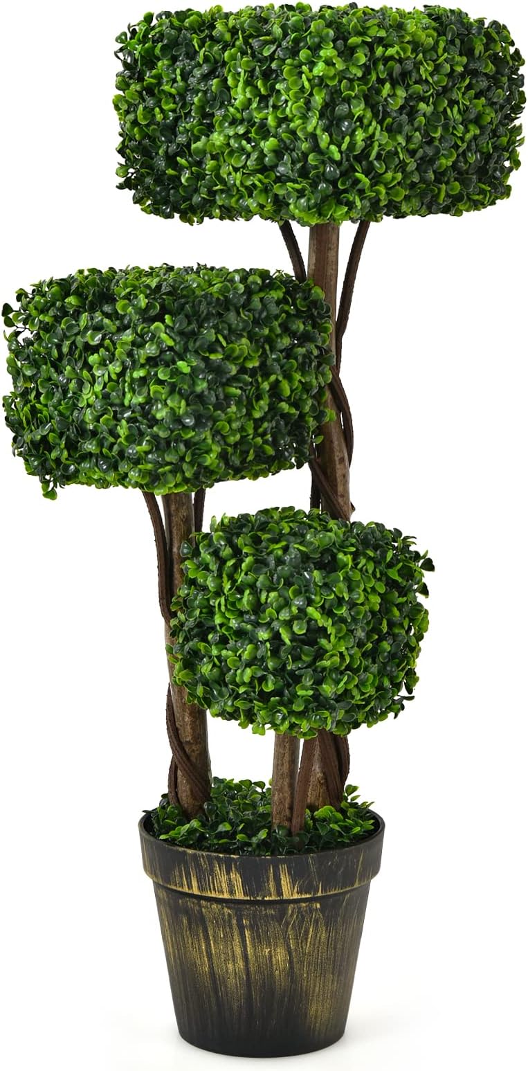 36” Artificial Triple Square Shaped Boxwood Topiary Tree W/Cement-Filled Plastic Pot, Fake Plant Faux Greenery Plant Indoor & Outdoor Decoration for Home, Office, Garden, Patio, Entrance