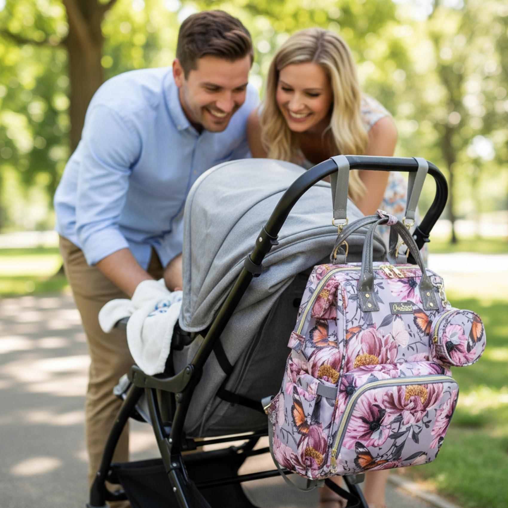 Borsa per pannolini con motivo floreale, con portamonete, porta di ricarica USB, cinghie per passeggino e tasca isolata, zaino da viaggio per donne/mamme (motivo floreale grigio rosa)