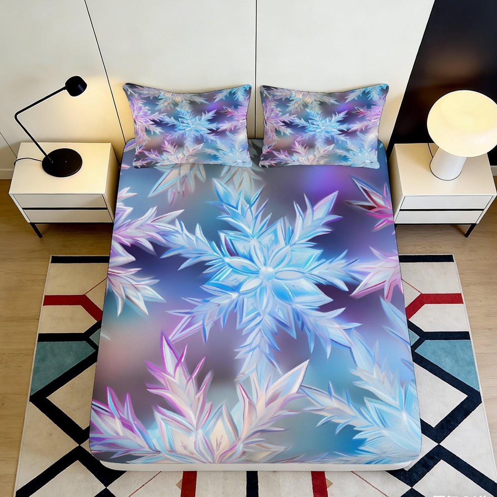 3D Printed Frost Snowflake Fitted Sheet Microfiber Non-slip Mattress Cover for Bedroom Dorm Easy Care Decor 200x200x25cm