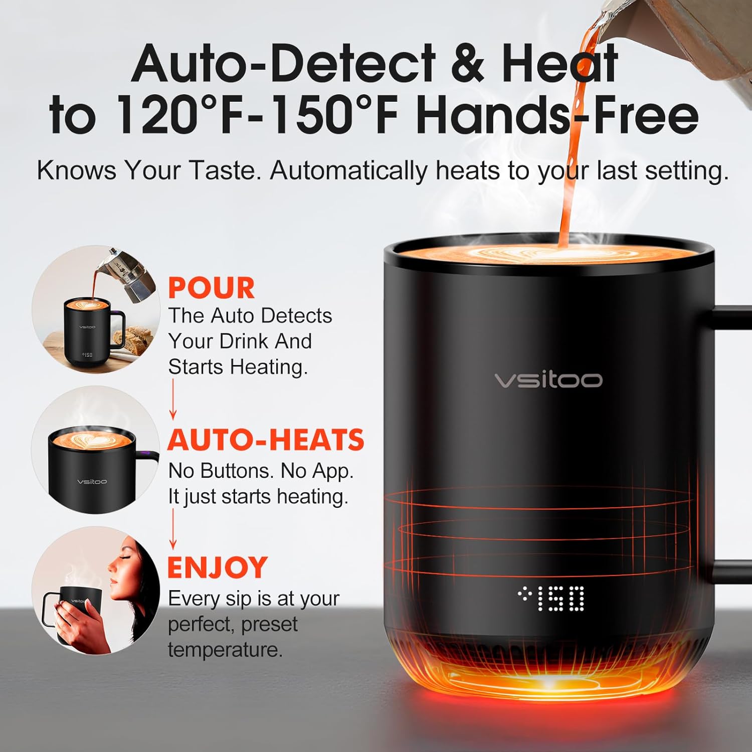 Vsitoo S3 12oz Heated Mug - Temperature Control Smart Mug with Mug Warmer, Perfect for Espresso, Auto-Sensing AI Heats Drinks to 120-150°F Hands-Free.Ideal for Home/Office/Gifts,Black - Image 2