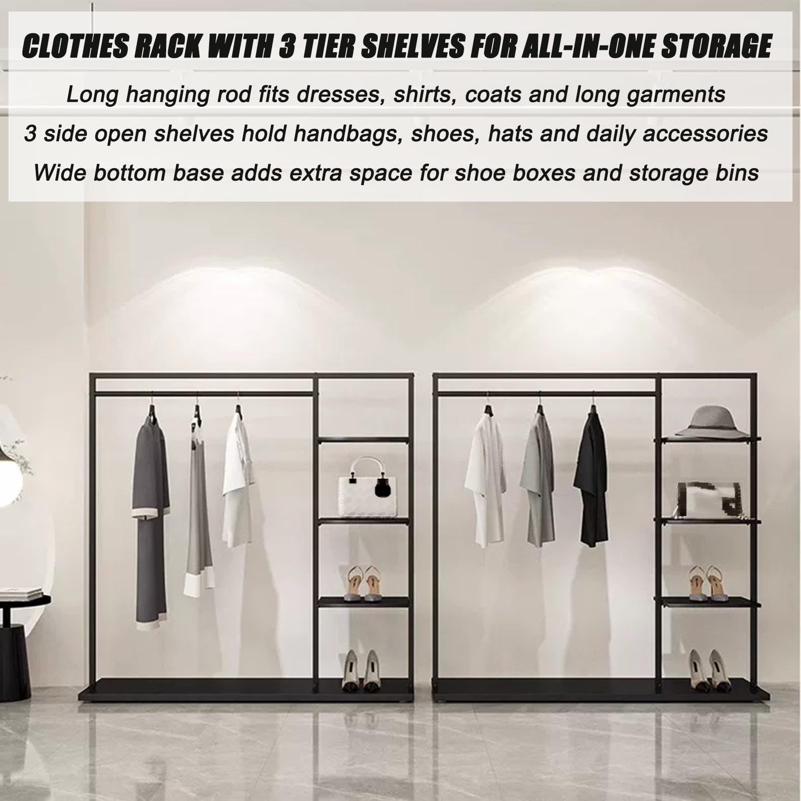 Appendiabiti metallico con ripiani, supporto espositivo autoportante