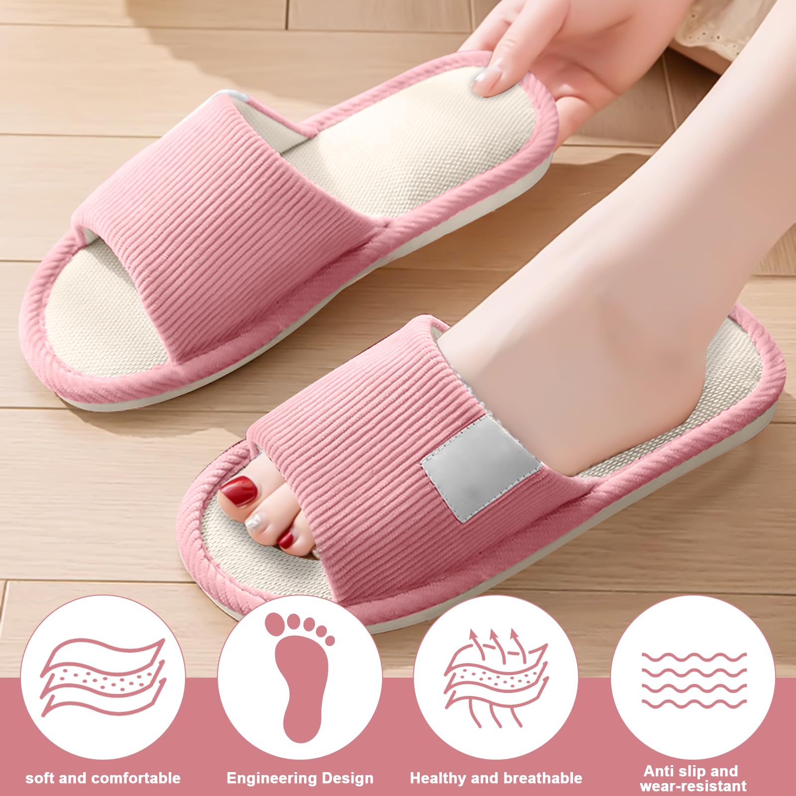Set di 4 paia di pantofole unisex per hotel, pantofole per ospiti, pantofole in lino, pantofole con punta aperta, pantofole per ospiti, per uomo, donna, lavabili per spa, feste, hotel