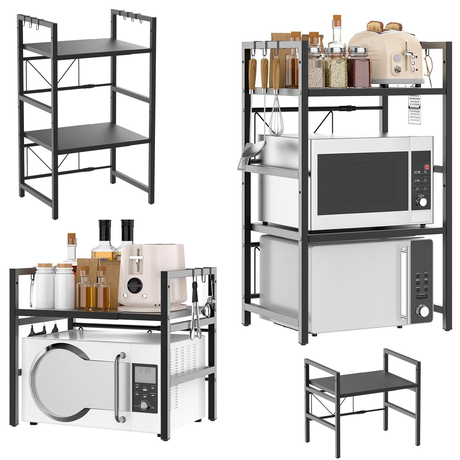Lucn 2 Tier Iron Microwave Oven Rack Stand Storage Holder Kitchen Corner Shelf Heavy Duty Microwave Oven Stand Rack Holder Wall Mounted Shelf Kitchen Organizer with 6 Hooks