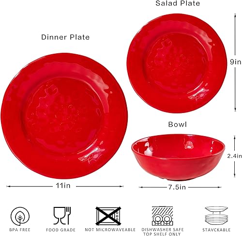 Miniatura 6 de Juego de vajilla de melamina de 18 piezas de color rojo navideño, servicio para 6, ligero y duradero, para exteriores, moderno juego de vajilla de