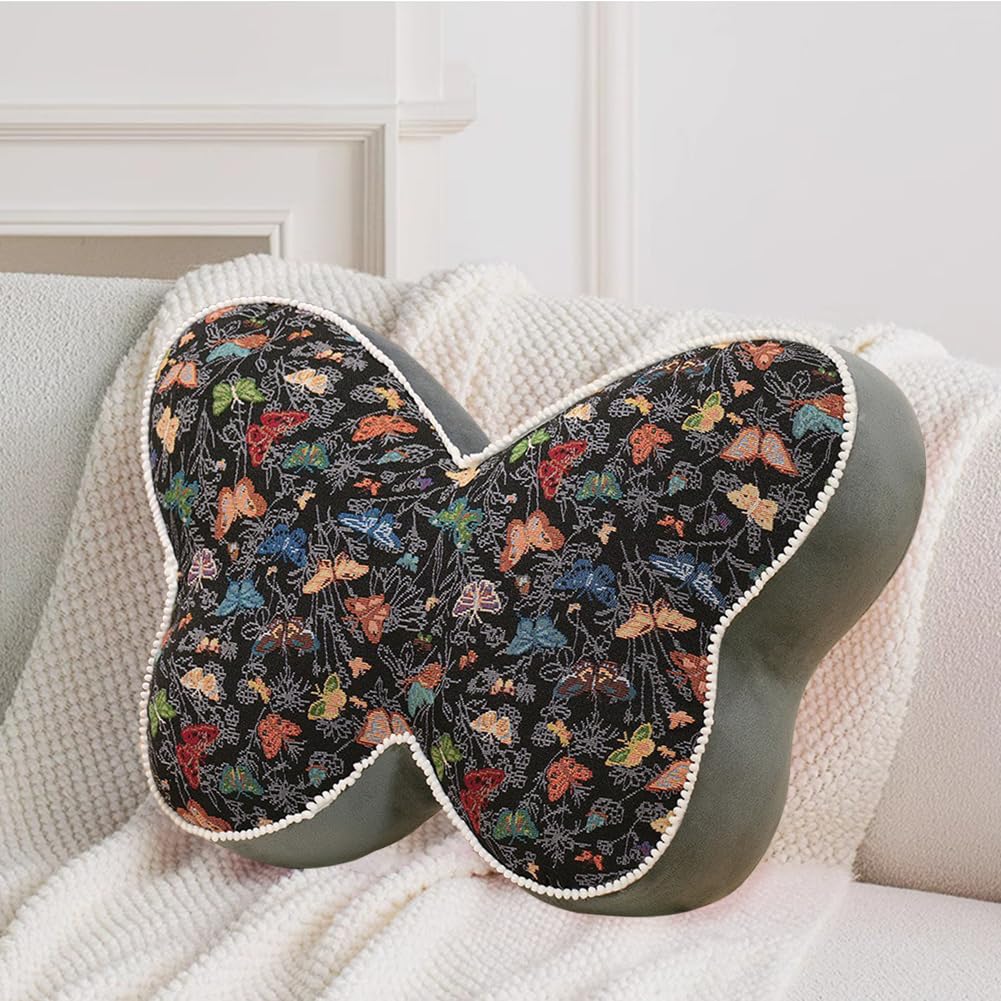 AoTengMY Butterfly Shaped Decorative Throw Pillows - Vintage Butterfly Print Bed Headboard Cushion, Soft Plush Stuffed Animal Pillow for Sofa Chair Bedroom Living Room Decor (Black,23.6x15.7in)