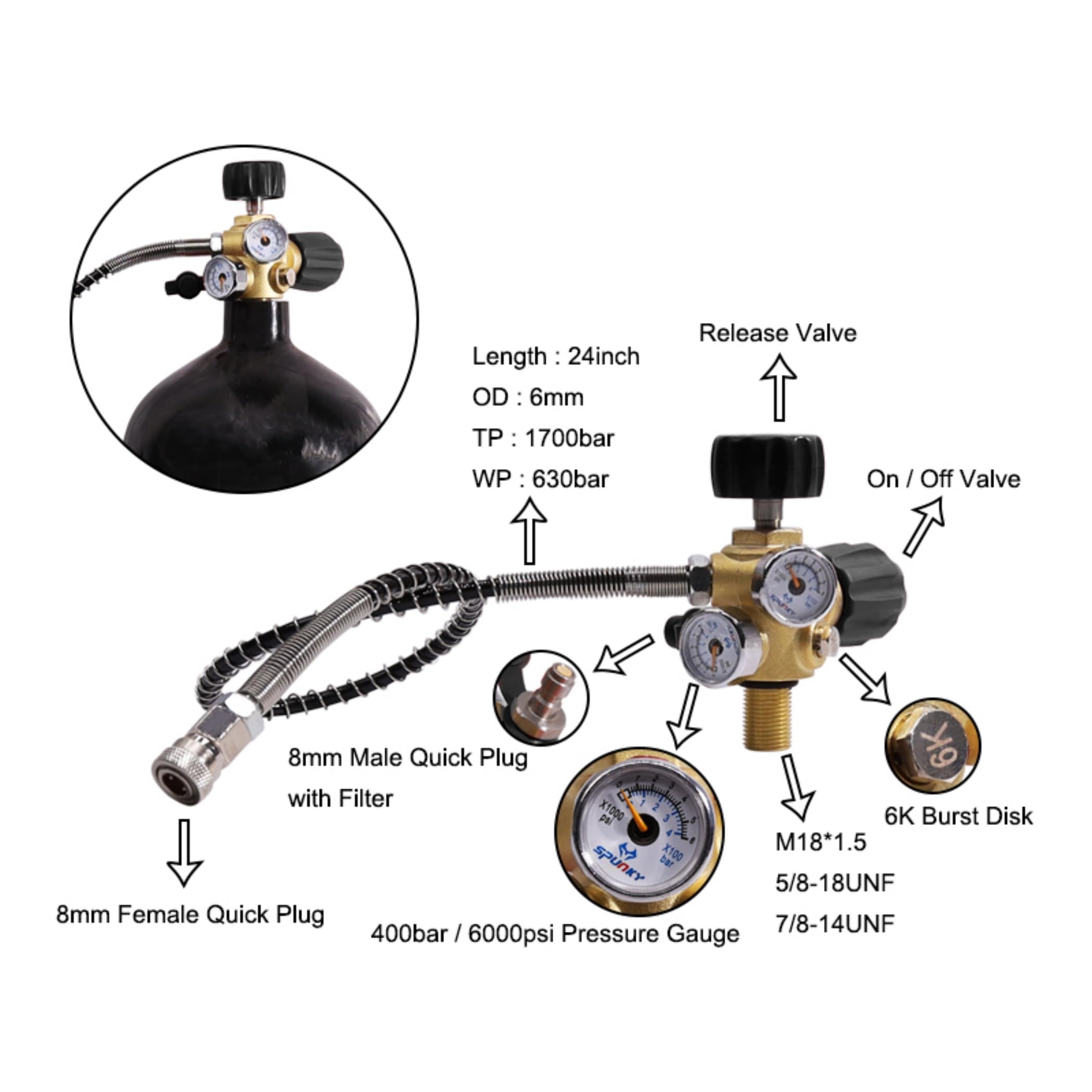 TUXING 4500 Psi/300 Bar compressore ad alta pressione Pcp Paintball, adattatore DIN valvola Scuba con tubo morbido da 24 pollici, valvola di ricarica Pcp per serbatoio d'aria, fucile ad aria compressa