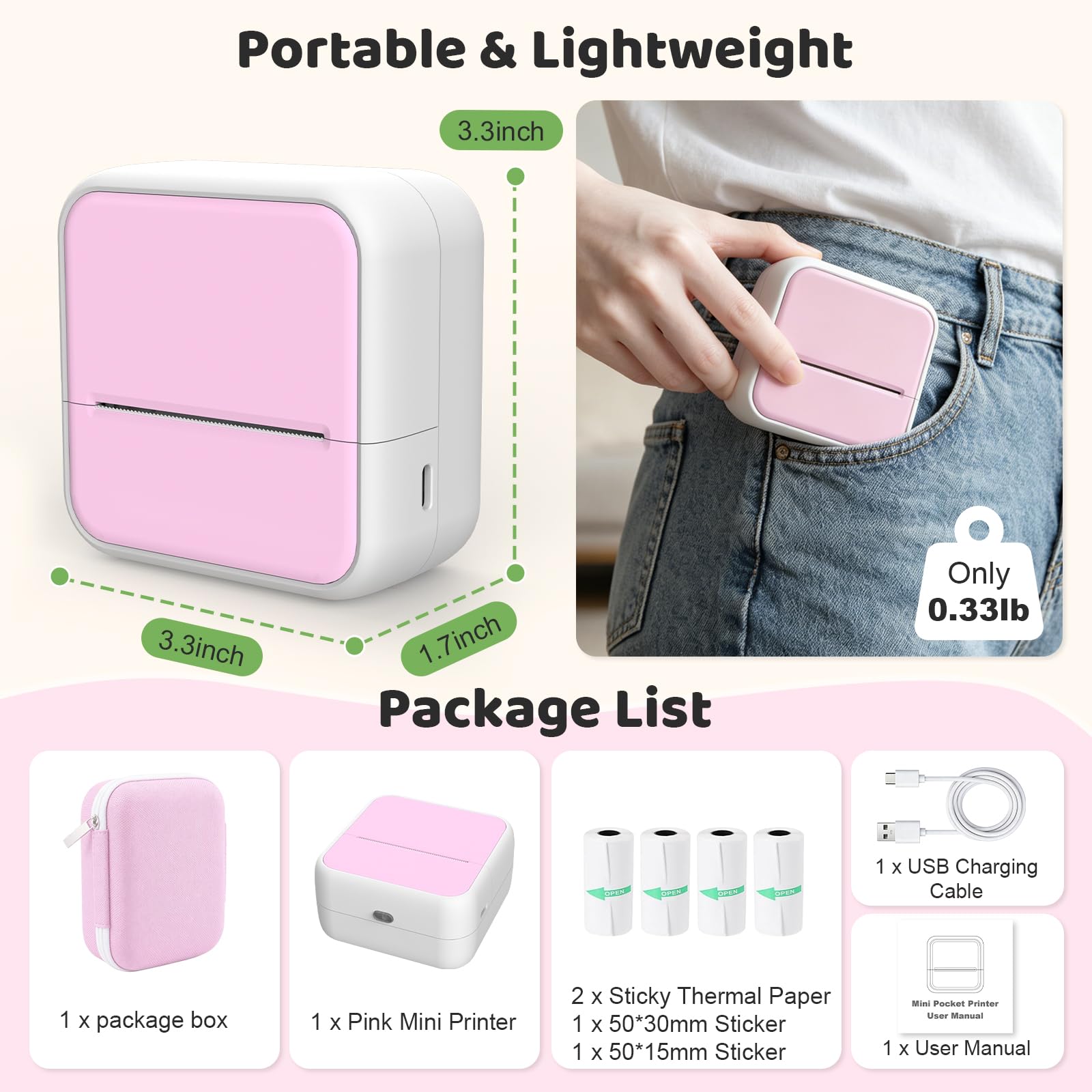 dessports Mini impresora sin tinta rosa - Etiquetadora portátil Bluetooth con cinta y funda