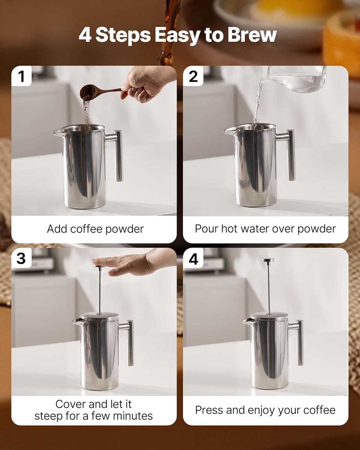VEVOR French Press Coffee Maker, 34 Ounce 1 Liter Stainless Steel Coffee Press Tea Maker with Filter, Large Double Wall Insulated French Presses Cold Brew for Camping Travel Home Kitchen, Silver