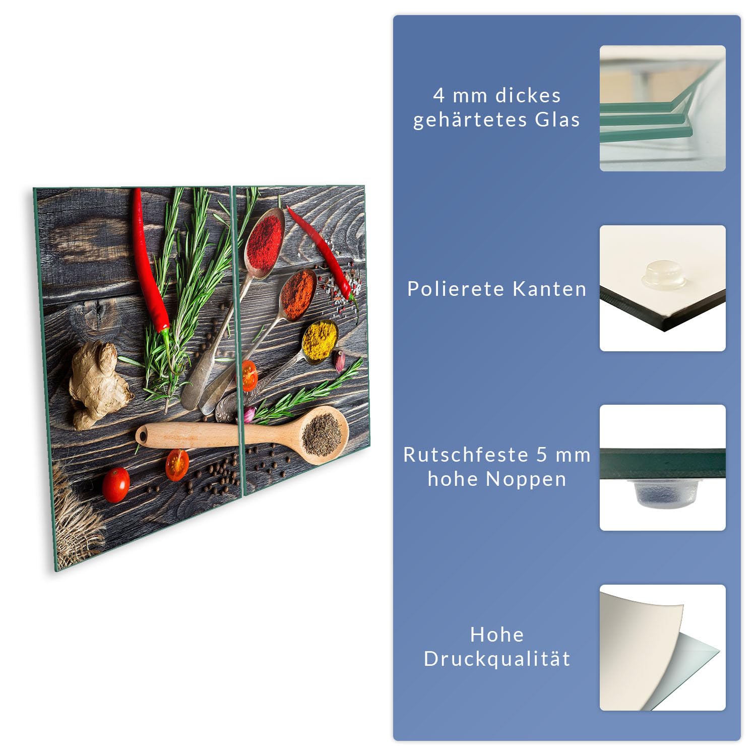Herdabdeckplatte Abdeckung Ceranfeld Abdeckplatte Schneidebrett 2-Teilig 80x52 Gewürze Mehrfarbig Spritzschutz Glasplatte Ceranfeldabdeckung Schutz Herdschutz Sicherheitsglas Glasschneidebrett 2x40x52