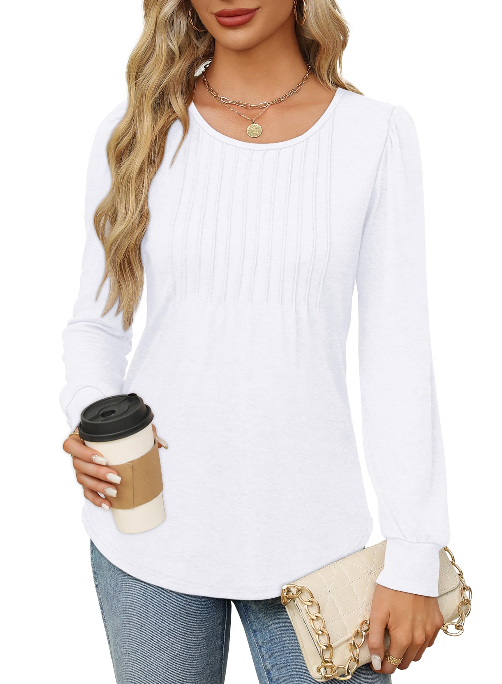 OFEEFAN Long Sleeve Shirts for Women Fall Tops Dressy Casual Blouses Pleated Scooped Neck Tunic Tops for Leggings