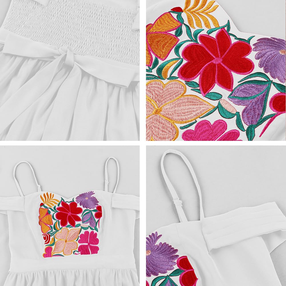 IDOPIP Vestido Mexicano Mujer Tradicional, Folklórico Cinco de Mayo Verano Largo Hombros Descubiertos Bordado Maxi Floral Volantes Ranura Maxi para Festival Bohemia Vacaciones Playa