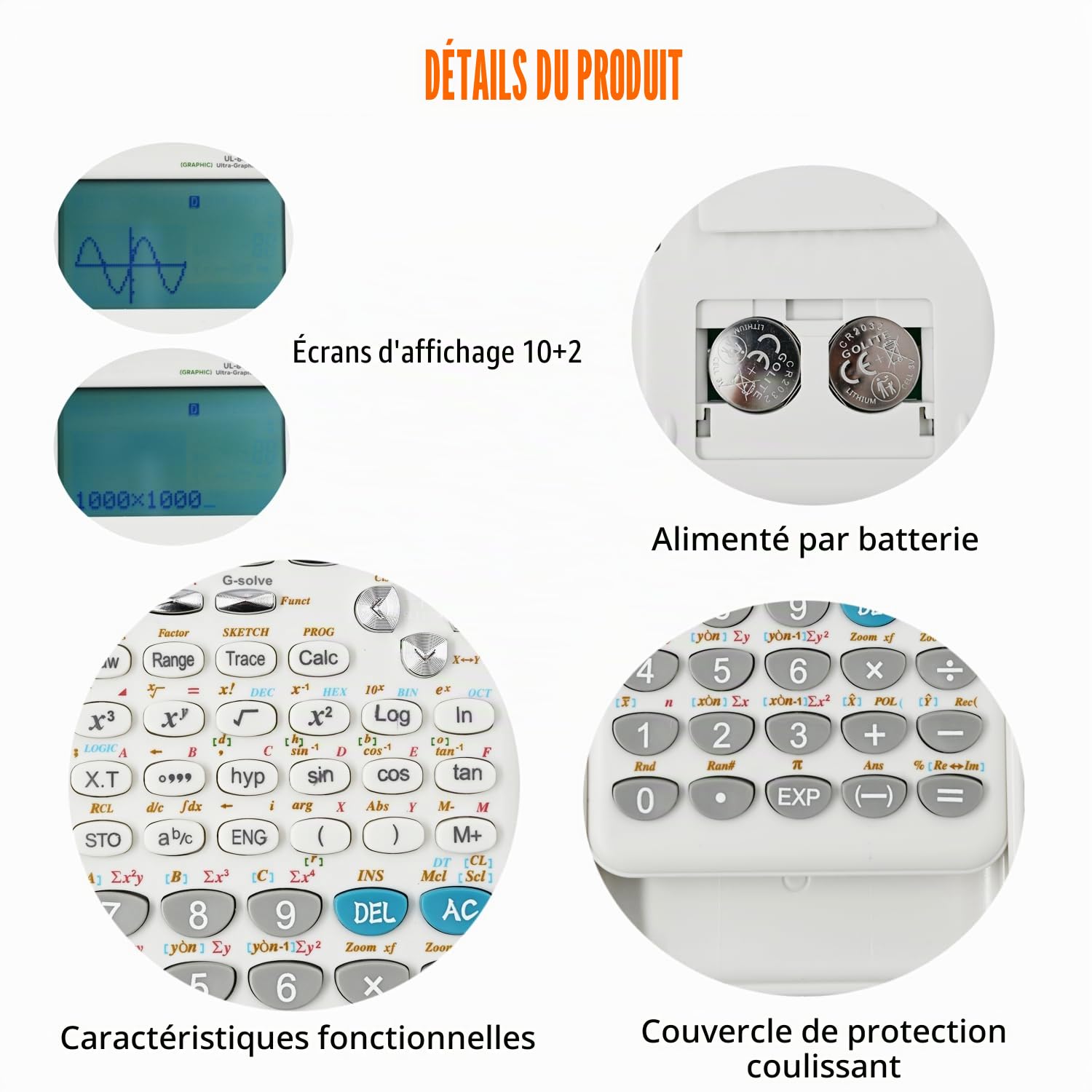 Calculatrice graphique scientifique avec 360 fonctions, graphique/statistiques/algèbre/calculatrice avec affichage de 10 + 2 chiffres pour étudiants du collège et du lycée, bureau et entreprise, blanc