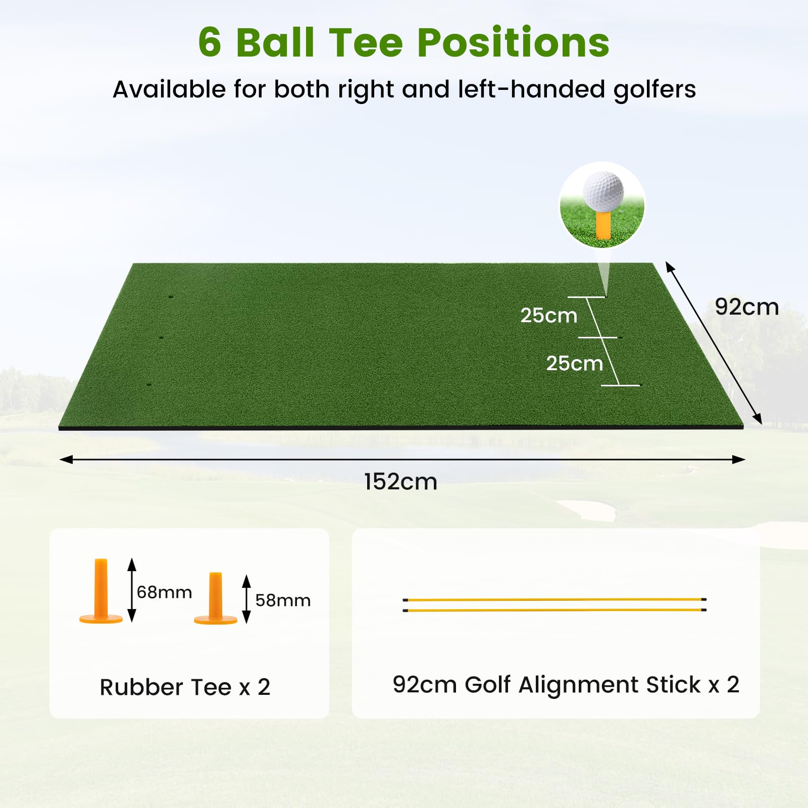 LIFEZEAL Golf Abschlagmatte inklusive Gummi Tee, Golf Matte zusammenrollen, Golf Abschlagmatte mit 6 Abschlagpositionen & 2 Ausrichtungsstäbe, Golfmatte für Garten/Garage