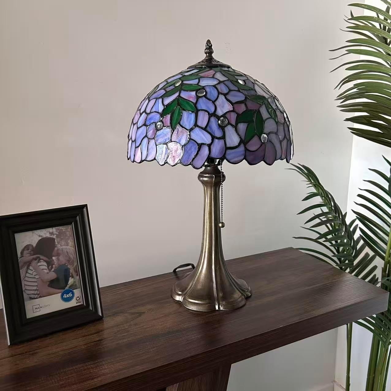Tiffany Table Lamp Purple Stained Glass Green Leaves LED Bulb Included for Living Room Bedroom Bedside19 H*12" W*12" D*19" H