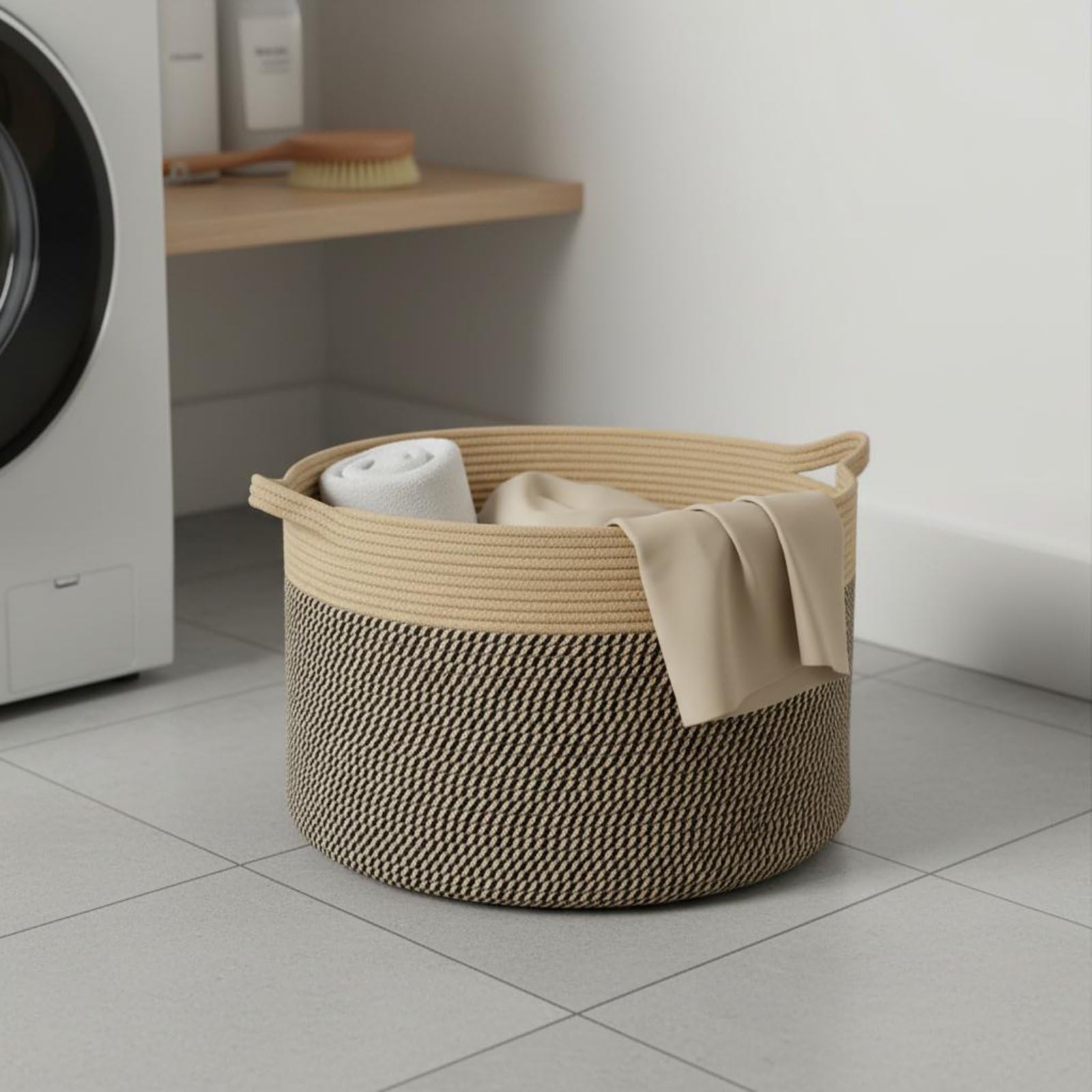 Cesto Pieghevole Cestino Organizer Cesta Portabiancheria Contenitore Giocattoli Grande in Corda di Cotone con Manici Rinforzati per Organizzazione E, Cachi, Nero, 40 35