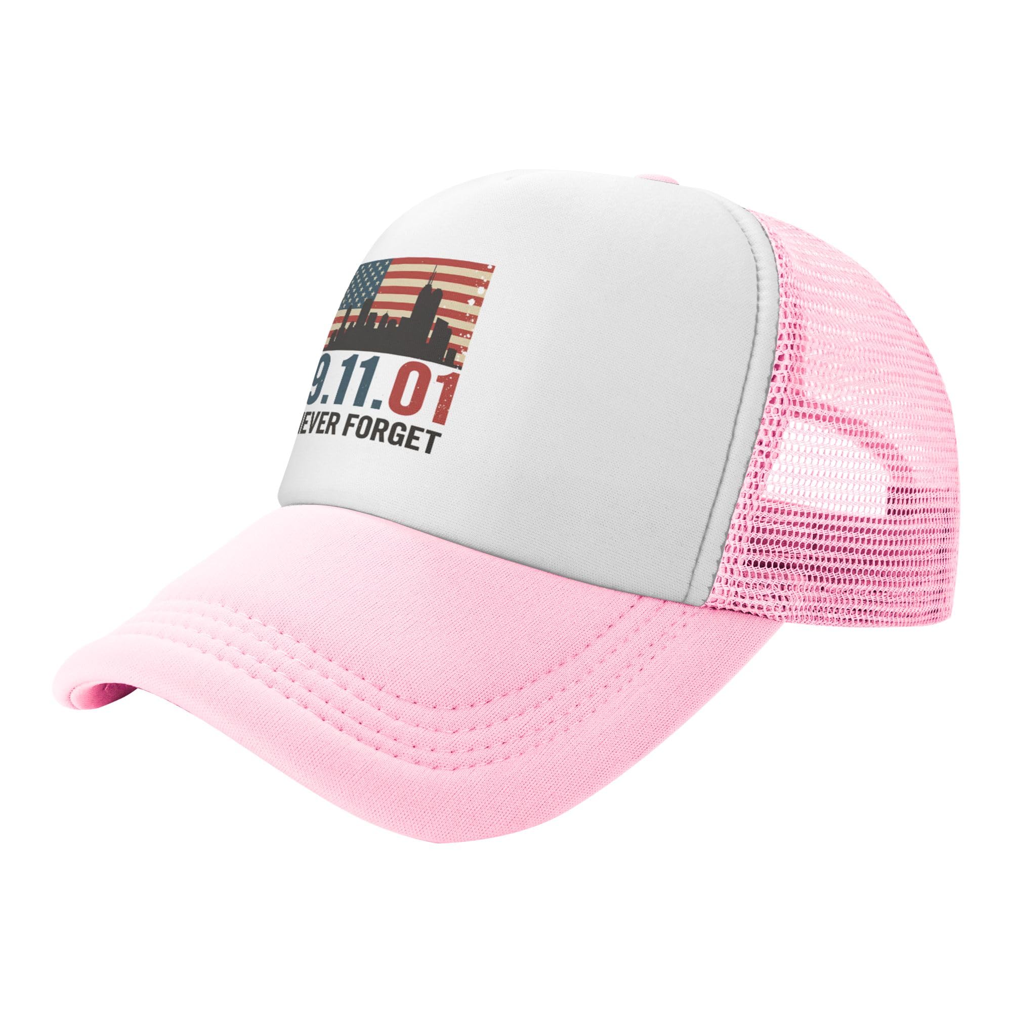 Vetrova Never Forget 911 Trucker Hat 911 Anniversary Memorial American Patriotic Day Baseball Cap Mesh Back Adjustable Hats for Kids - Pink