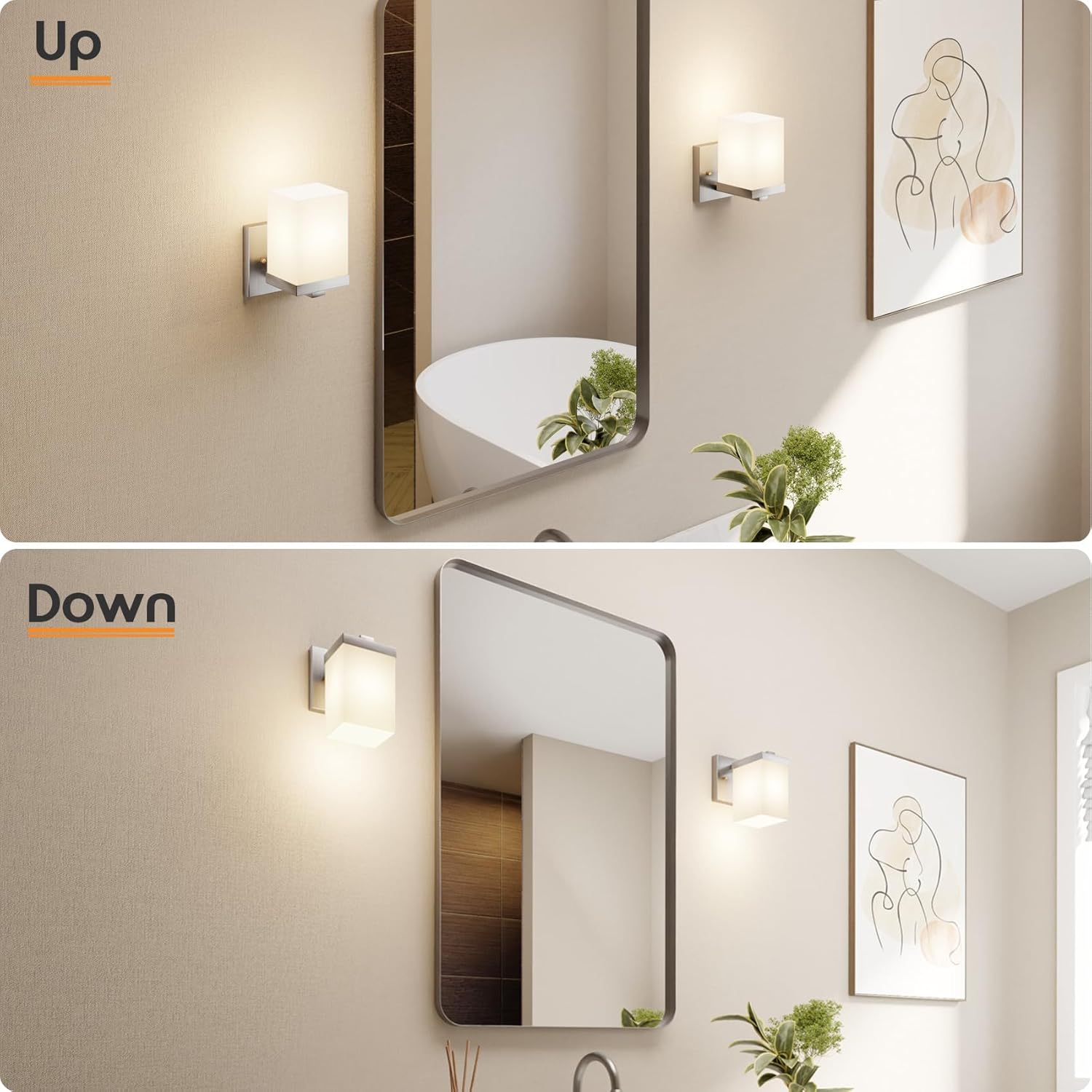 Bathroom Lighting Fixture Brushed Nickel Vanity Light with White Frosted Glass Shade, Wall Lamp Over Mirror for Bedroom Living Room Porch T003BR-L1