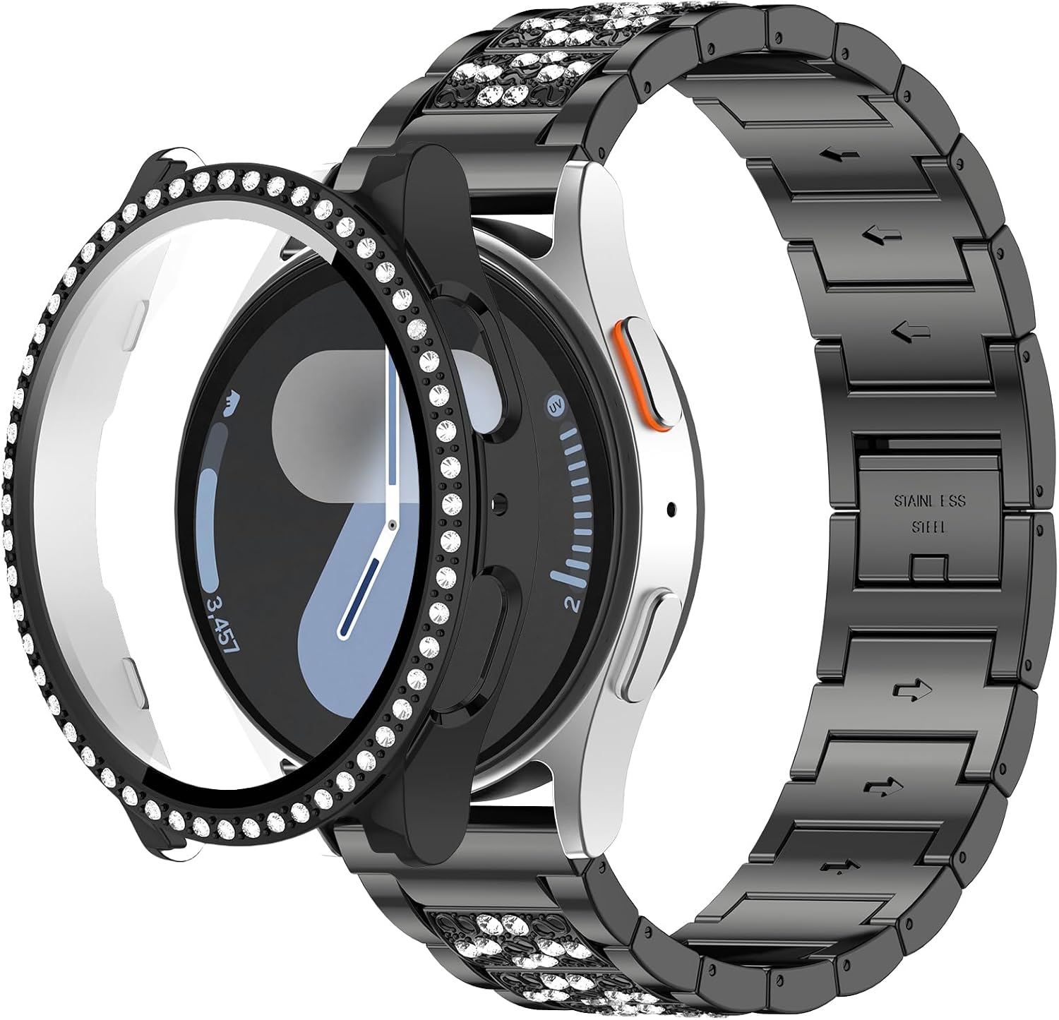 Compatible for Samsung Galaxy Watch 7 Watch Band 40mm 44mm Bling Metal Strap with Rhinestone Case for Women Men, Jewelry Replacement Band & Protective Cover