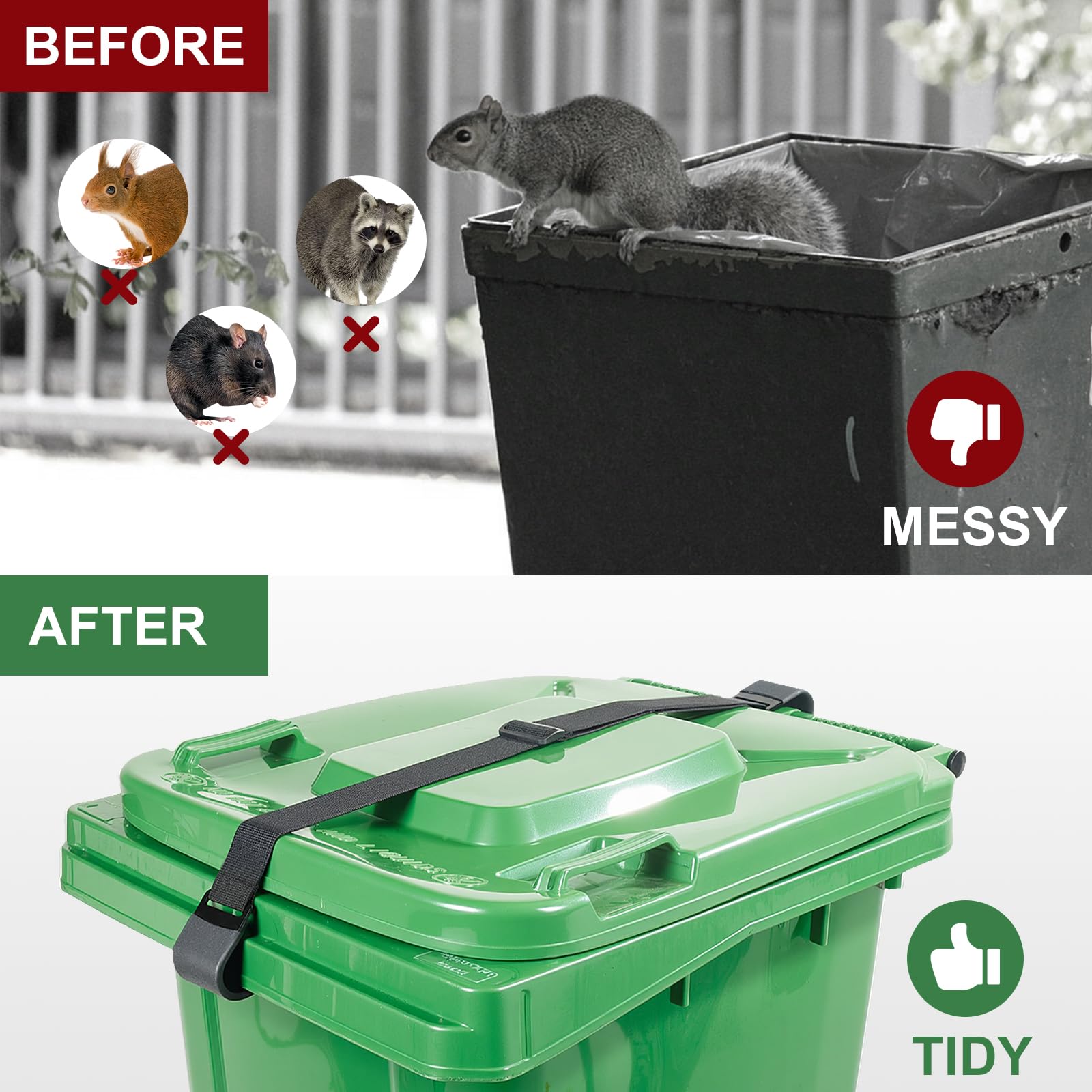 Correa de bloqueo de metal de doble garra, seguridad ajustable a prueba de animales para mapaches, perros, ardillas y viento, cerradura de basura de acero inoxidable resistente, cubo de basura