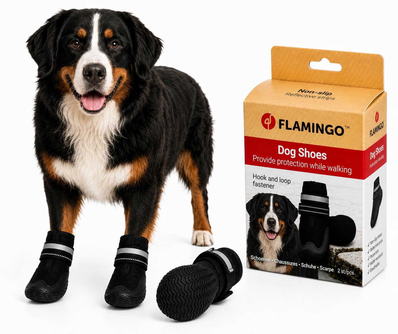 Flamingo hundeschuhe - Gayo - 2 stück - schwarz - XXXL - 9,7x8,5x15,9 cm - atmungsaktives mesh - Harte Sohlen - rutschfest - reflektierend