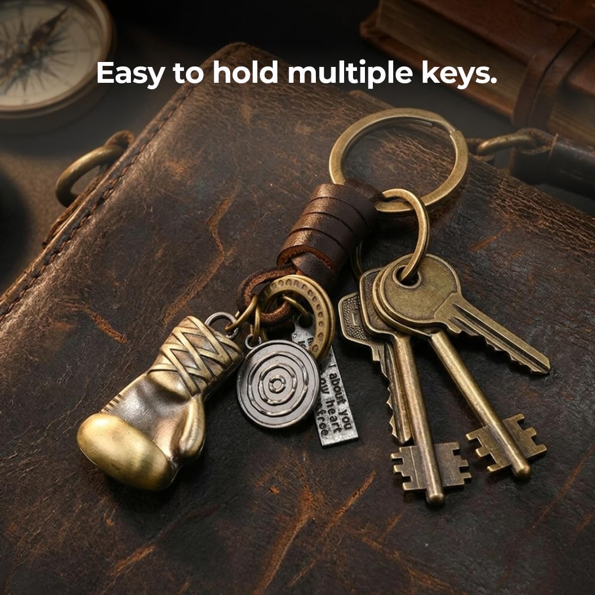 Vintage Bronze Leather Keychain, Punk Metal Pendant Brass Copper Key Ring, Graduation Car Gift for Men Women image 3