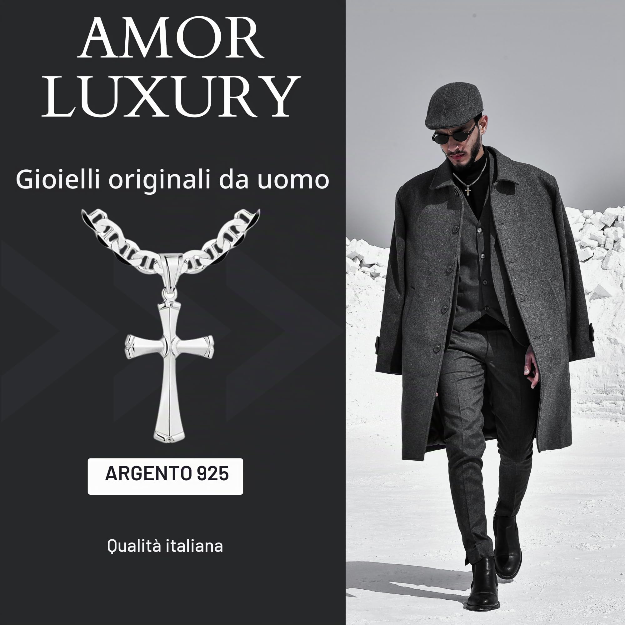 AMAR OPRAVA - Collana da uomo in argento 925 con croce da uomo, 55 cm, catena a maglia barbazzale in argento 925, gioiello di qualità italiana