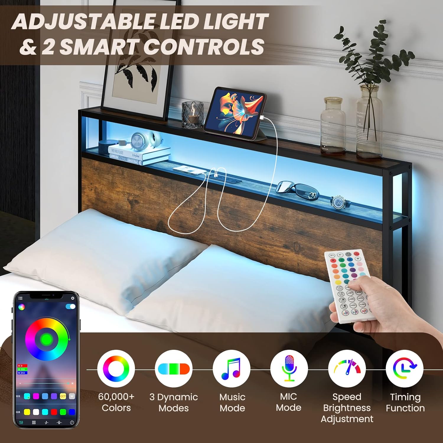 Giantex Full Bed Frame with LED Lights Headboard and 4 Storage Drawers, Metal Platform Bed with Outlets and USB Ports Charging Station, Smart LED Bed Frame, Easy Assembly, No Box Spring Needed