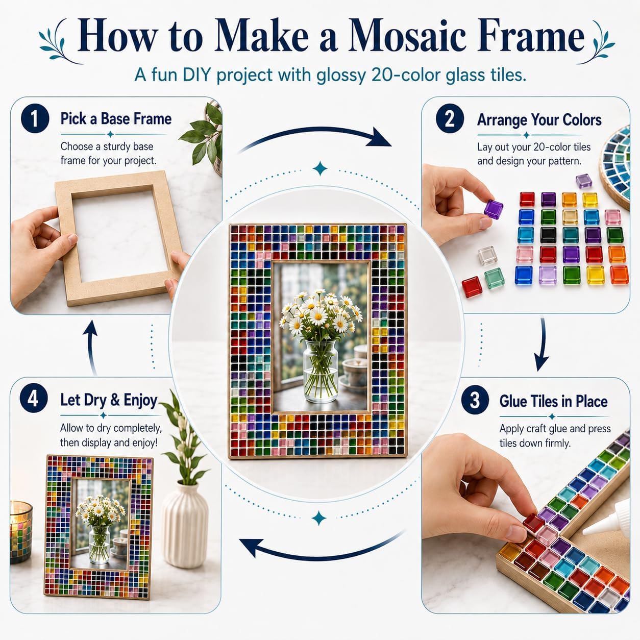 1100 Pcs Glass Mosaic Tiles for Crafts Bulk, 20 Colors Mixed Crystal Mosaic Tiles 2.2 lb, 0.4 Inch Square Stained Glass Pieces for Art Crafts, Mosaic Making Projects, Home Decor, and More