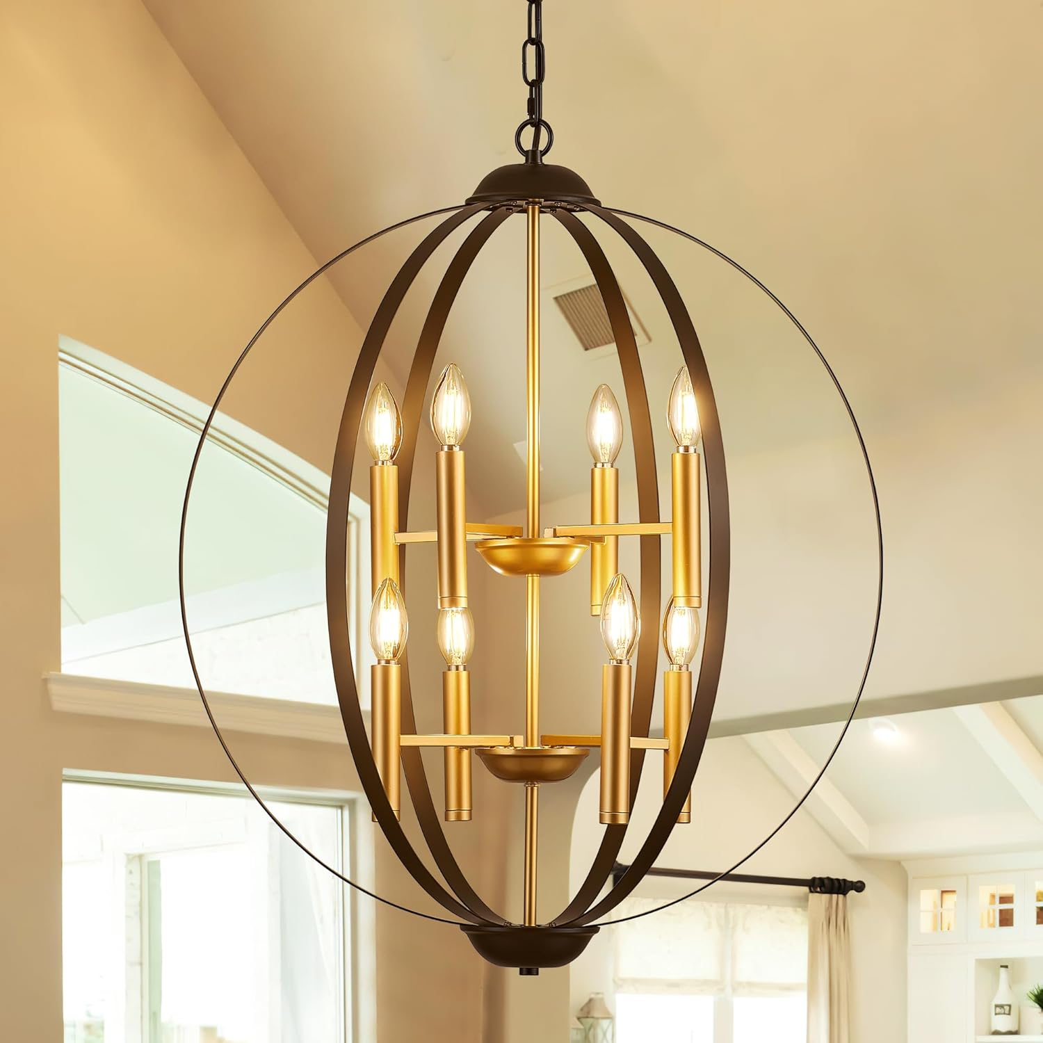 23.6''Black Gold 8-Light Globe Chandelier, Modern Industrial Adjustable Hanging Ceiling Pendant Light Fixture for Entryway Foyer Stairway Hallway Bedroom Living Room Kitchen Island Black+Gold D 23.6”