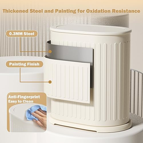 Miniatura 2 de QINOFEN Basurero pequeño de acero para baño con tapa a presión superior de 9 litros2.4 galones, a prueba de perros, con cubo de forro extraíble,