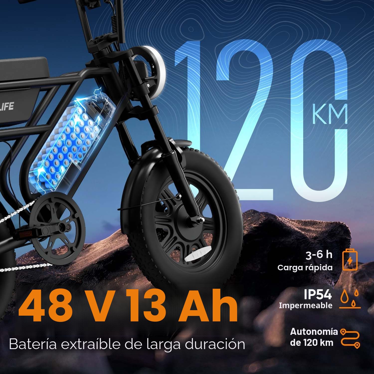 URLIFE de 16" x 3.0 Bicicleta Electrica, Batería Extraíble de 48 V y 13 Ah, Motor Sin Escobillas de 250 W, Autonomía de 100 km, Bici Eléctrica con Doble Suspensión, E Bike para Adultos