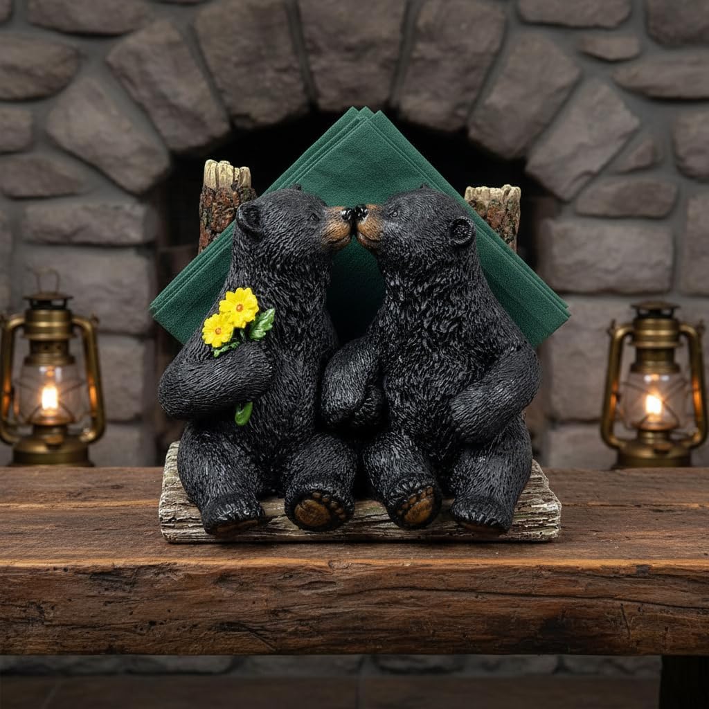 Comfy Hour 5" Black Bear Kissing Figurine Napkin Holder, Rustic Antique Vintage Western Style Home Decor, Resin Lover Bears Statue Solo Unit for Kitchen Dining Table