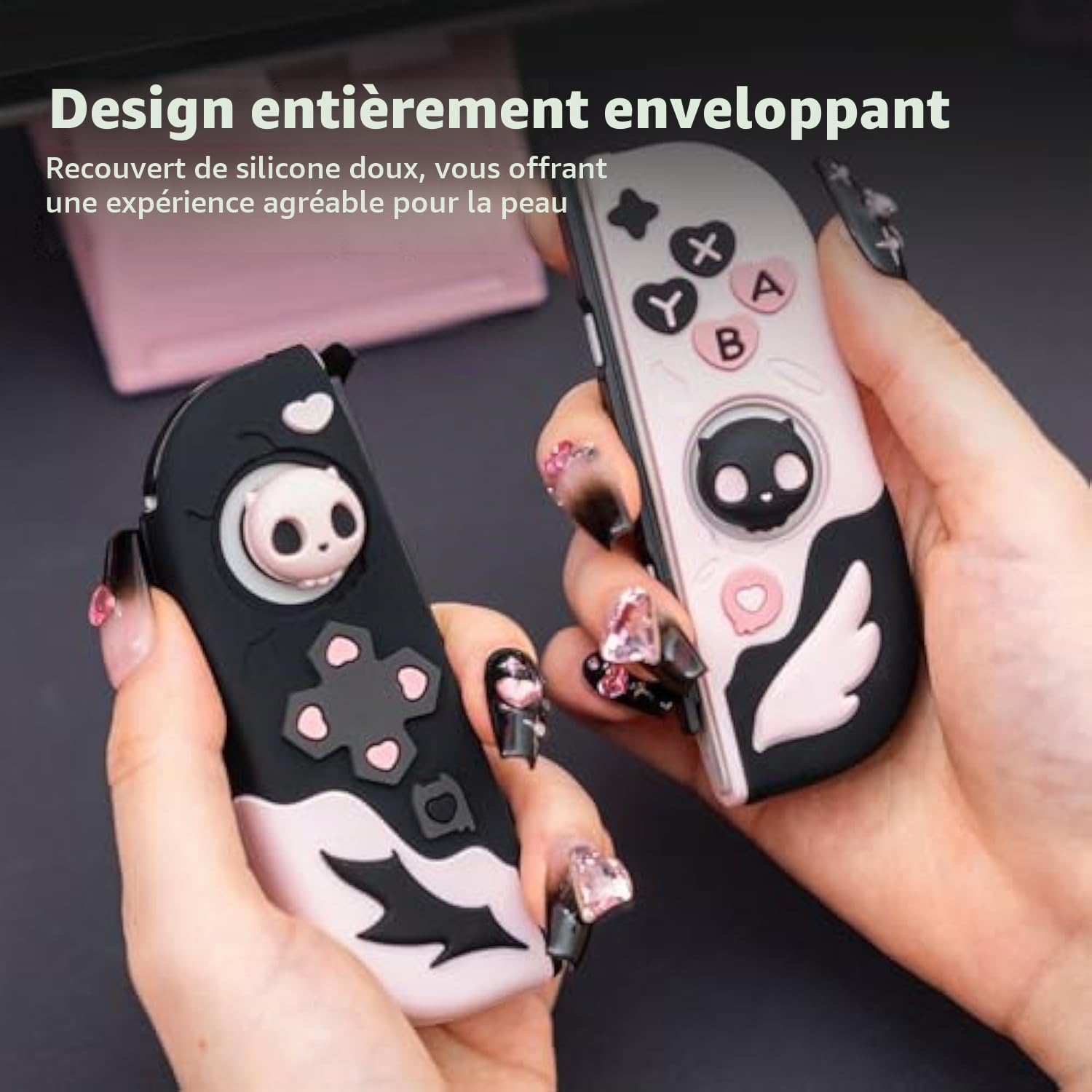 GeekShare Coque de Protection pour Switch Slim Cover Case Séparable en Silicone Souple Housse de Protection pour Joycon avec 2 Thumb Grip Caps, Sweetheart Skull