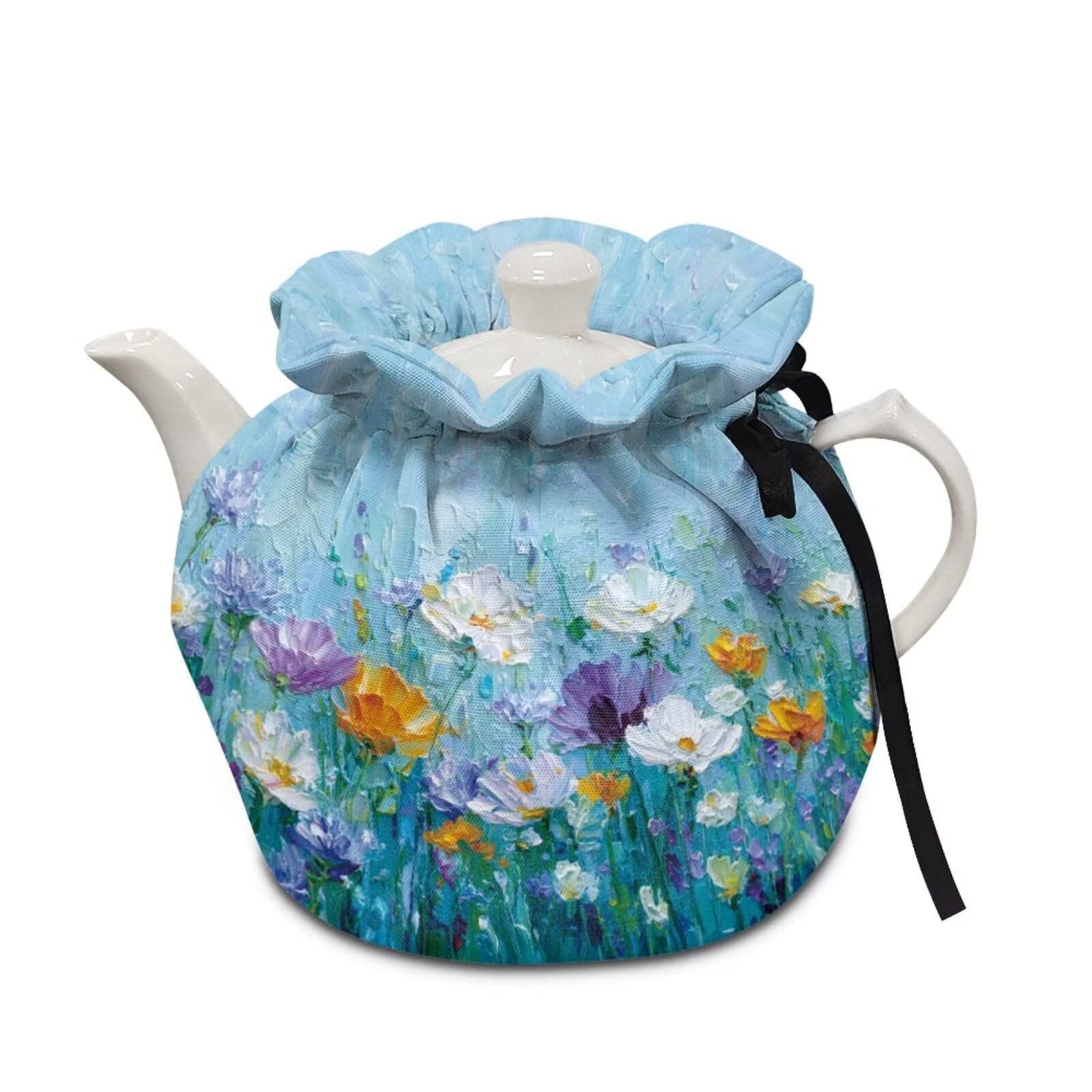 Oil Painting Print Teapot Dust Cover Daisy Print Tea Cosy for Teapot Insulated Breakfast Warmer Drawstring Design Keep Warm Kitchen Decorations