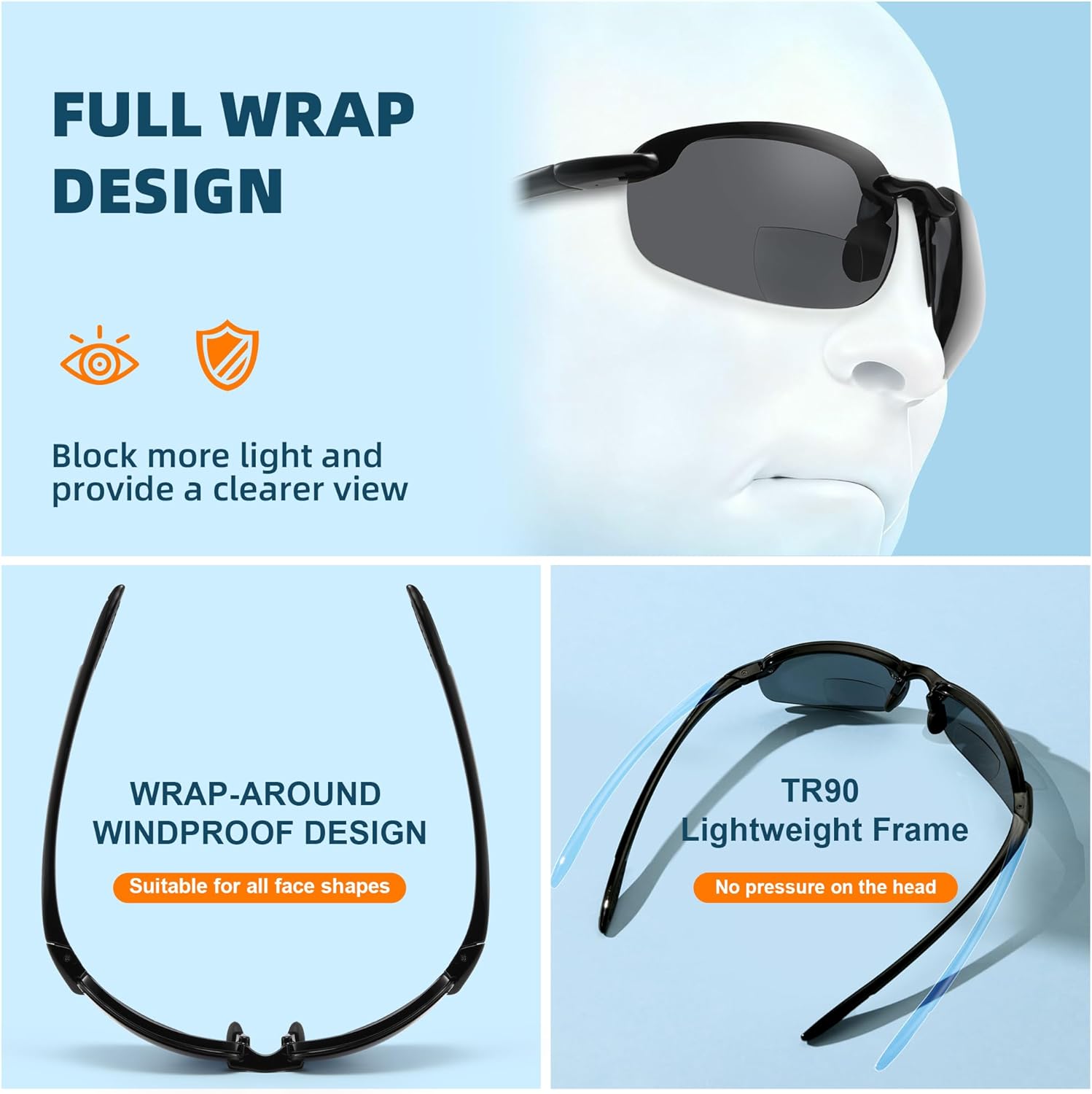 Light Wrap Around Fishing/Driving Polarized Bifocal Reading Sunglasses x1.5 x2.0 x2.5 for Men Women Sport Sun Readers - Image 2