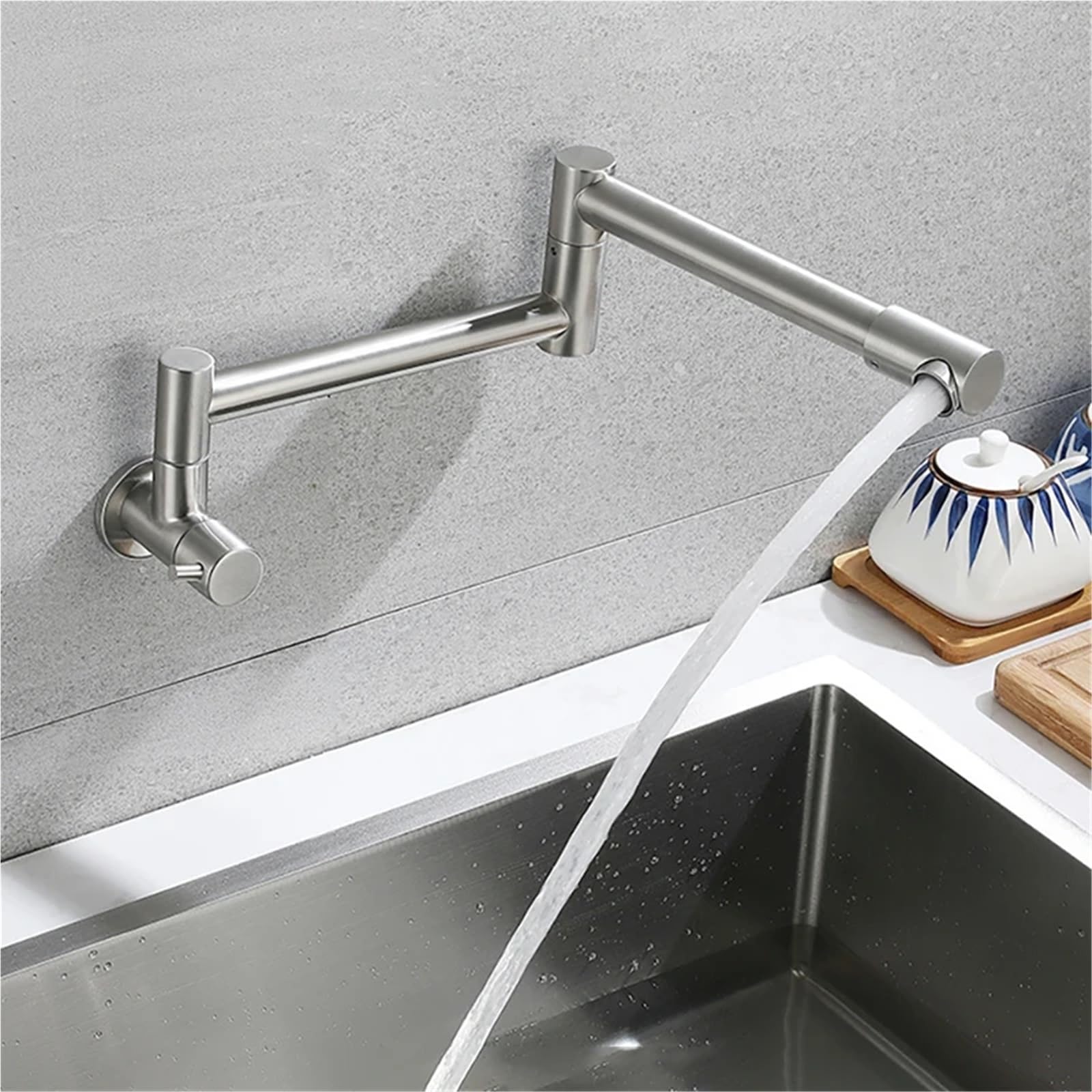 Grifo de cocina plegable acero inoxidable 304, giratorio universal, for empotrar en la pared, con un solo mango Para Uso en la Cocina(Gold)