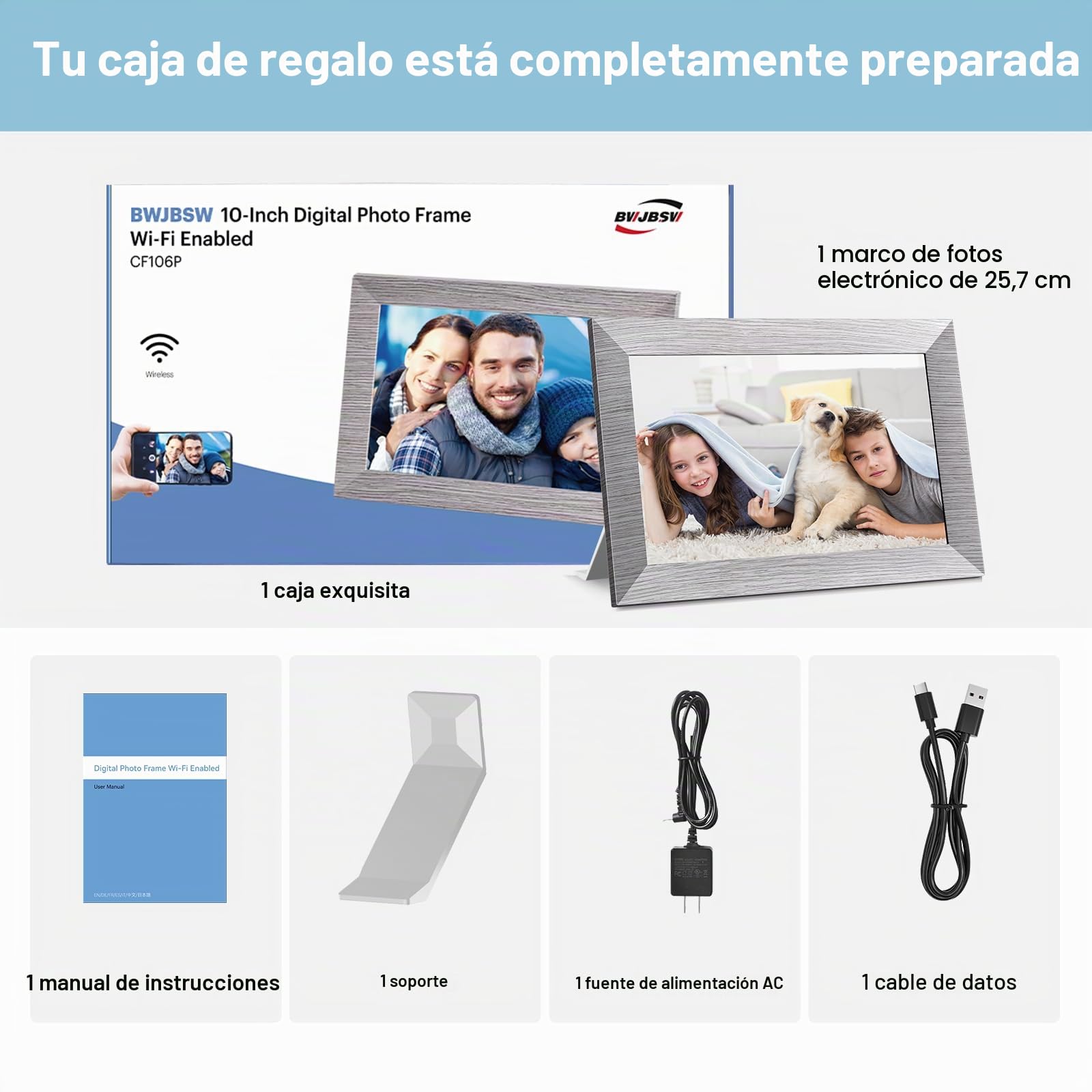 Marco Fotos Digital WiFi de 10.1 Pulgadas, Marco Digital de Fotos Visualización Táctil IPS HD, 32 GB RAM, Función de Rotación Automática, Fácil Configuración para Compartir Fotos/Vídeos via App