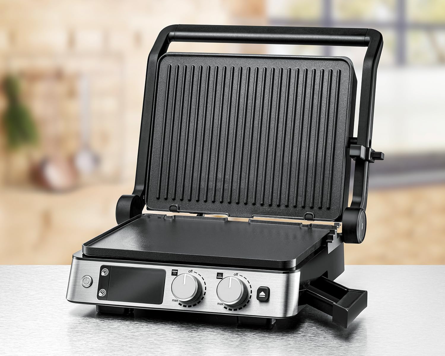 ROMMELSBACHER Kontaktgrill KG 2025, Kontakt- und Flächengrill, getrennt regelbare Grillflächen, keramische Antihaftbeschichtung (PFAS-frei), Temperaturregelung in 15 Stufen, Fettablauf, Wechselplatten
