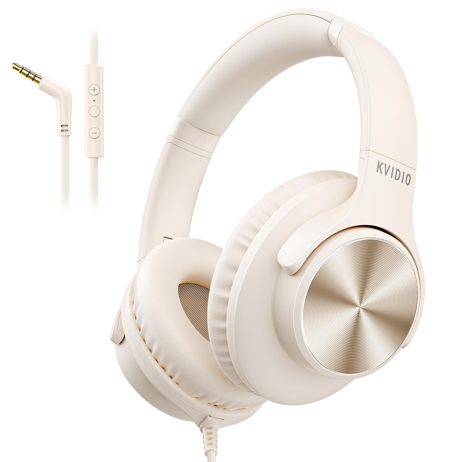 Wired Headphones with Mic, Over-Ear 3.5mm Corded Headphone for School Beige