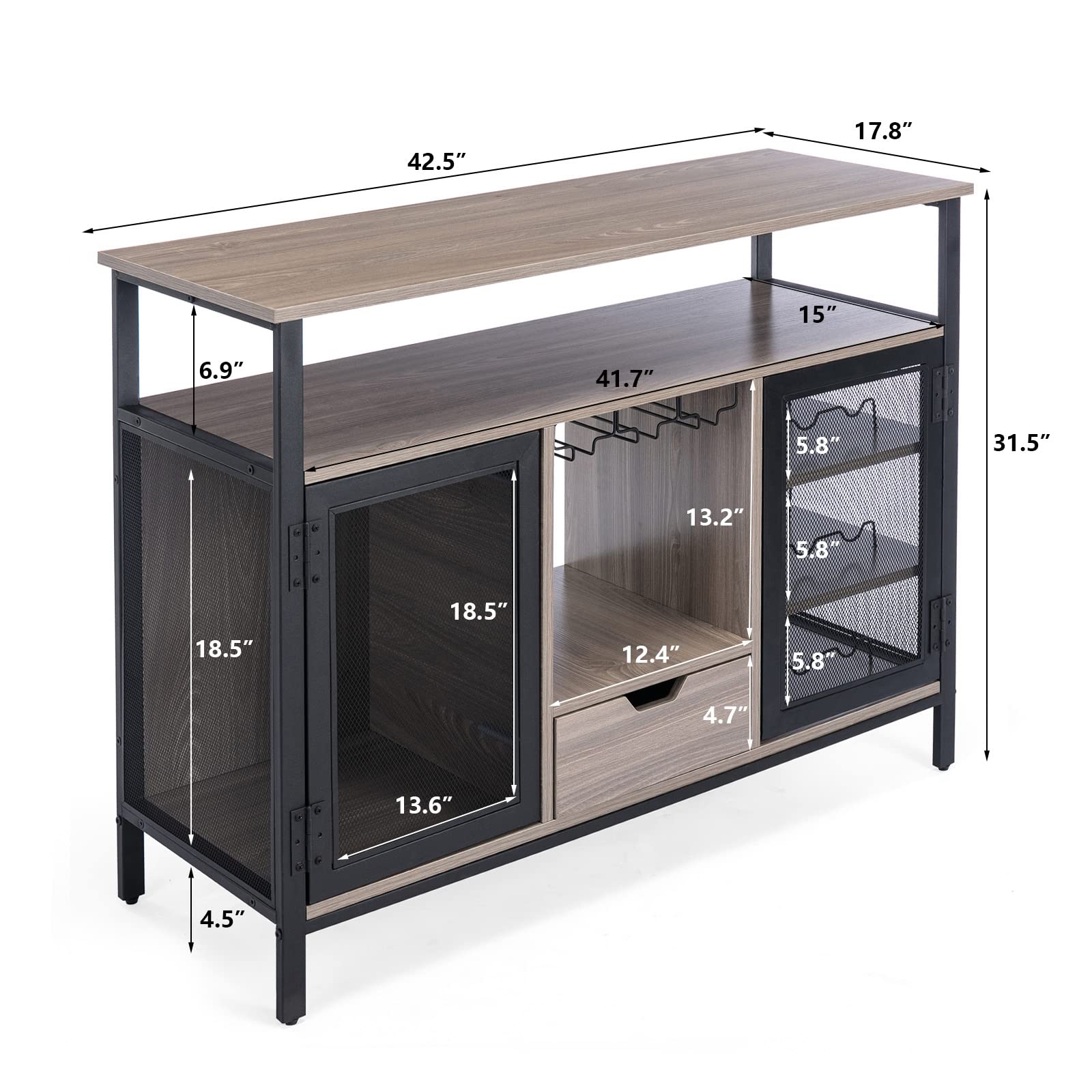 (only 1 box) COSVALVE Industrial Wine Bar Cabinet, Liquor Glasses 2 Tier Wood Coffee Bar, Cabinet Wine Rack All Metal Frame Sideboard Buffet Cabinet Home Bar Table 43", Grey