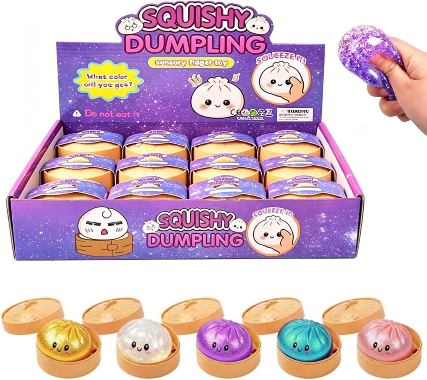 12PCS Dumpling Squishies Stress Relief Fidget Toys, Soft Stretchy Squeeze Desk Toys for Adults, Office, Home & Travel (Emojis)