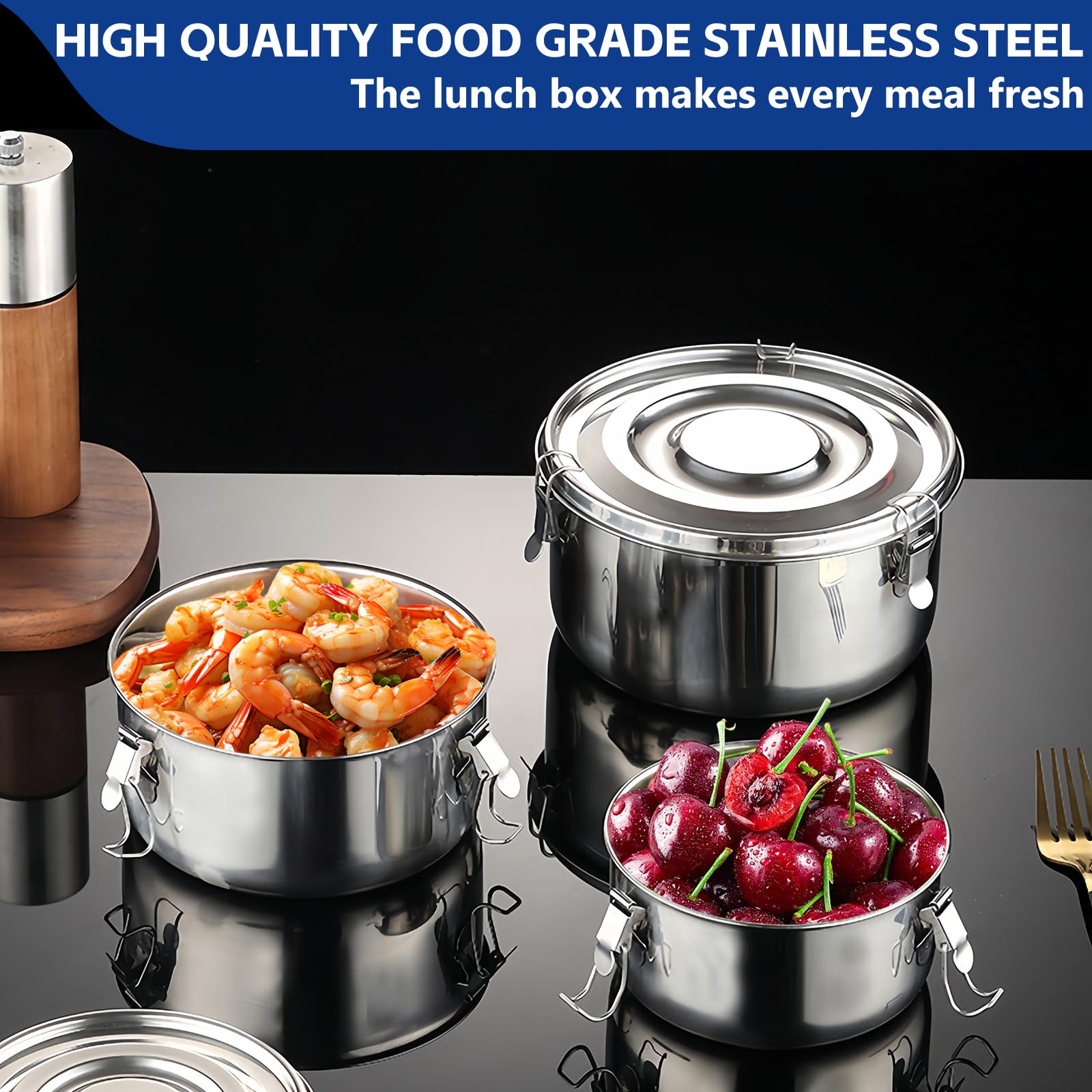 SUNOYA Contenitore per il pranzo in acciaio inox, 3 pezzi, 500 ml, 1000 ml, 1500 ml, argento, ermetico, per casa, ufficio, picnic