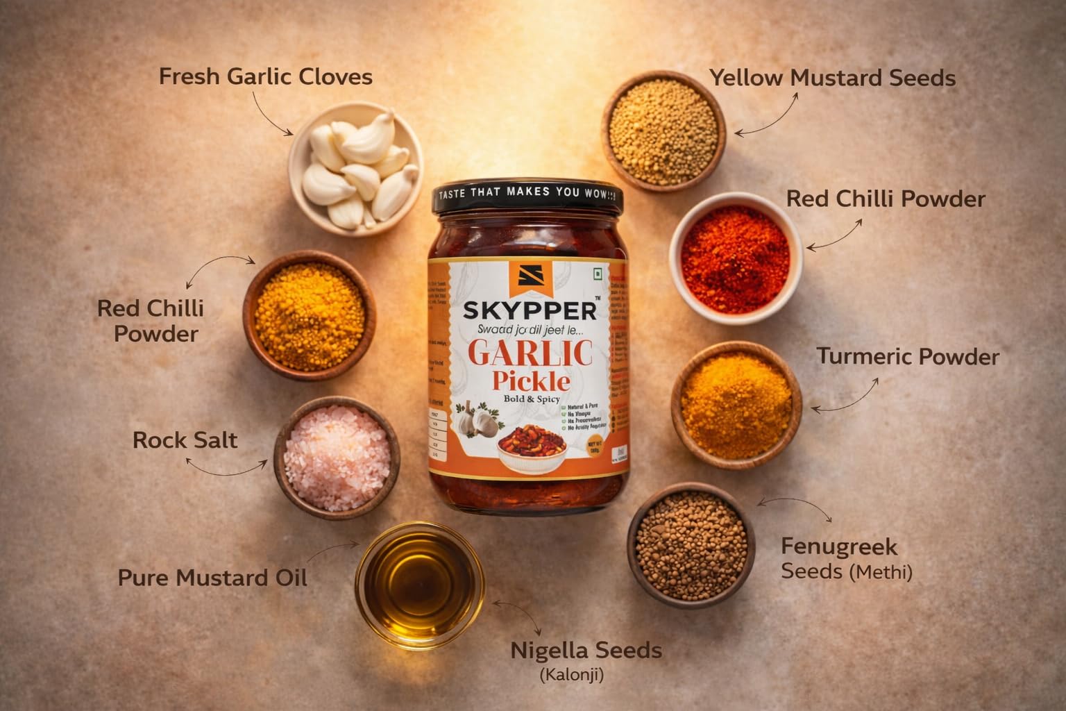 Skypper Garlic Pickle 500g | Authentic Bold & Spicy Indian Achar | Hand-Peeled Garlic, Sun-Dried & Pickled in Cold-Pressed Mustard Oil | 100% Natural, No Artificial Additives & No Chemicals | Food Graded Glass Jar - Image 2 thumbnail