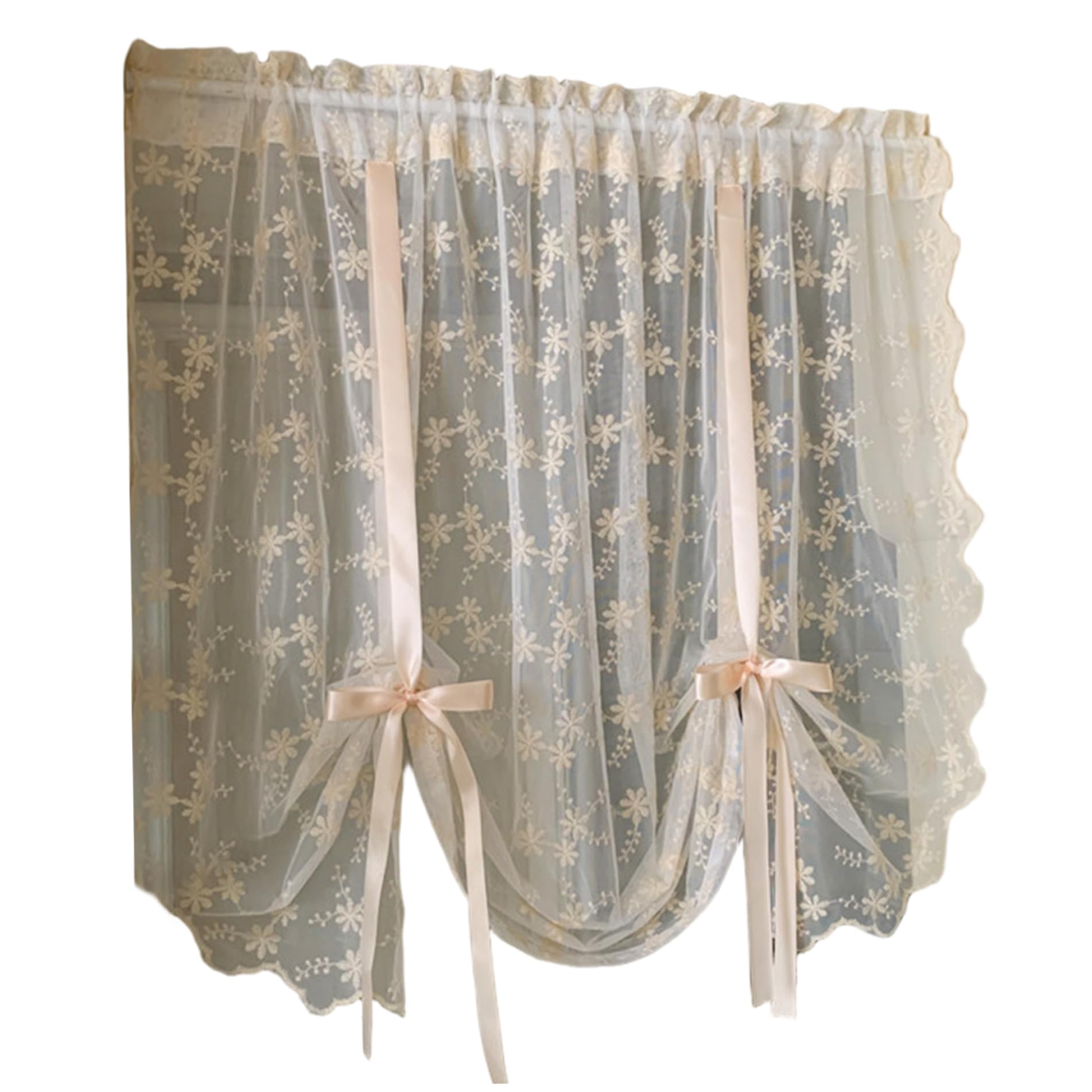 Takingup Short Sheer Lace Curtains 39x49 Inch Floral Embroidered Balloon Curtains Rod Pocket Bowknot Tie Up Valances for Door Kitchen