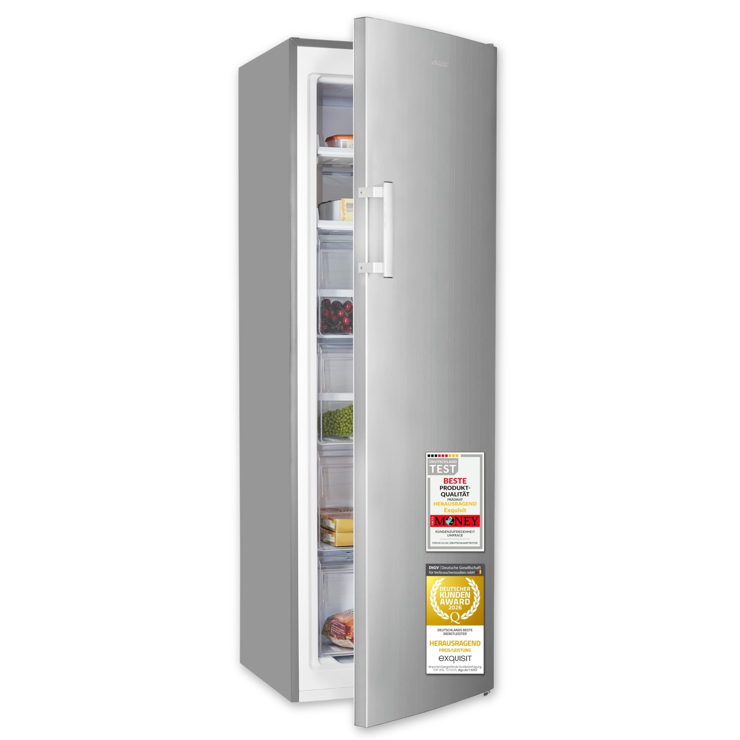 Exquisit Gefrierschrank | 204 l Nutzinhalt, Energieklasse E, 39 dB(A) | NoFrost, Schnellgefrieren, elektronische Temperaturregelung, Türalarm, hohe Bauform für mehr Stauraum | GS5271-NF-H-040E weiss